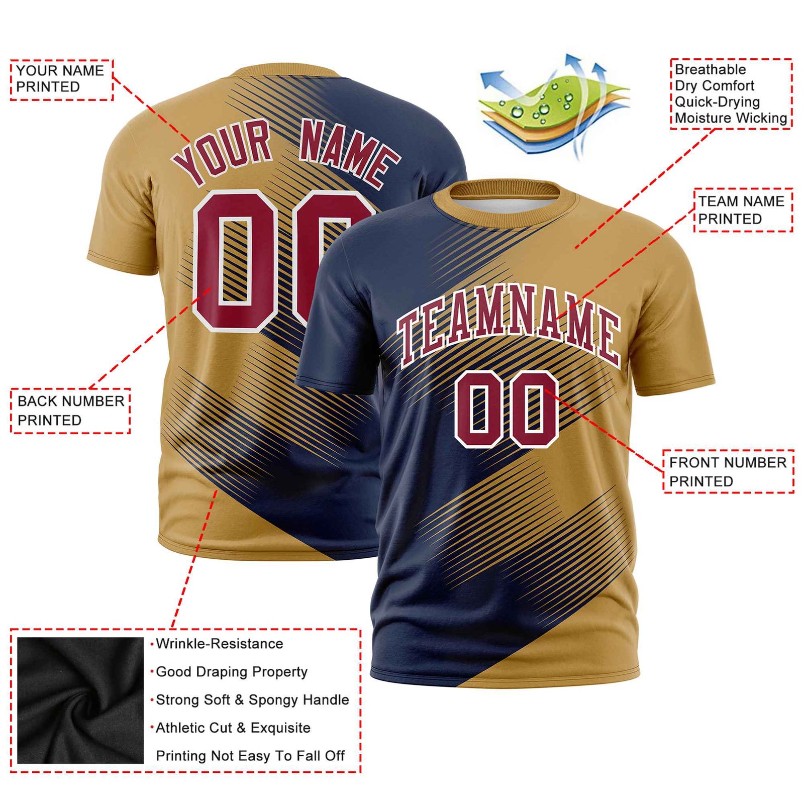 Custom Navy Old Gold 3D Pattern Design Gradient Slope Shapes Performance T-Shirt