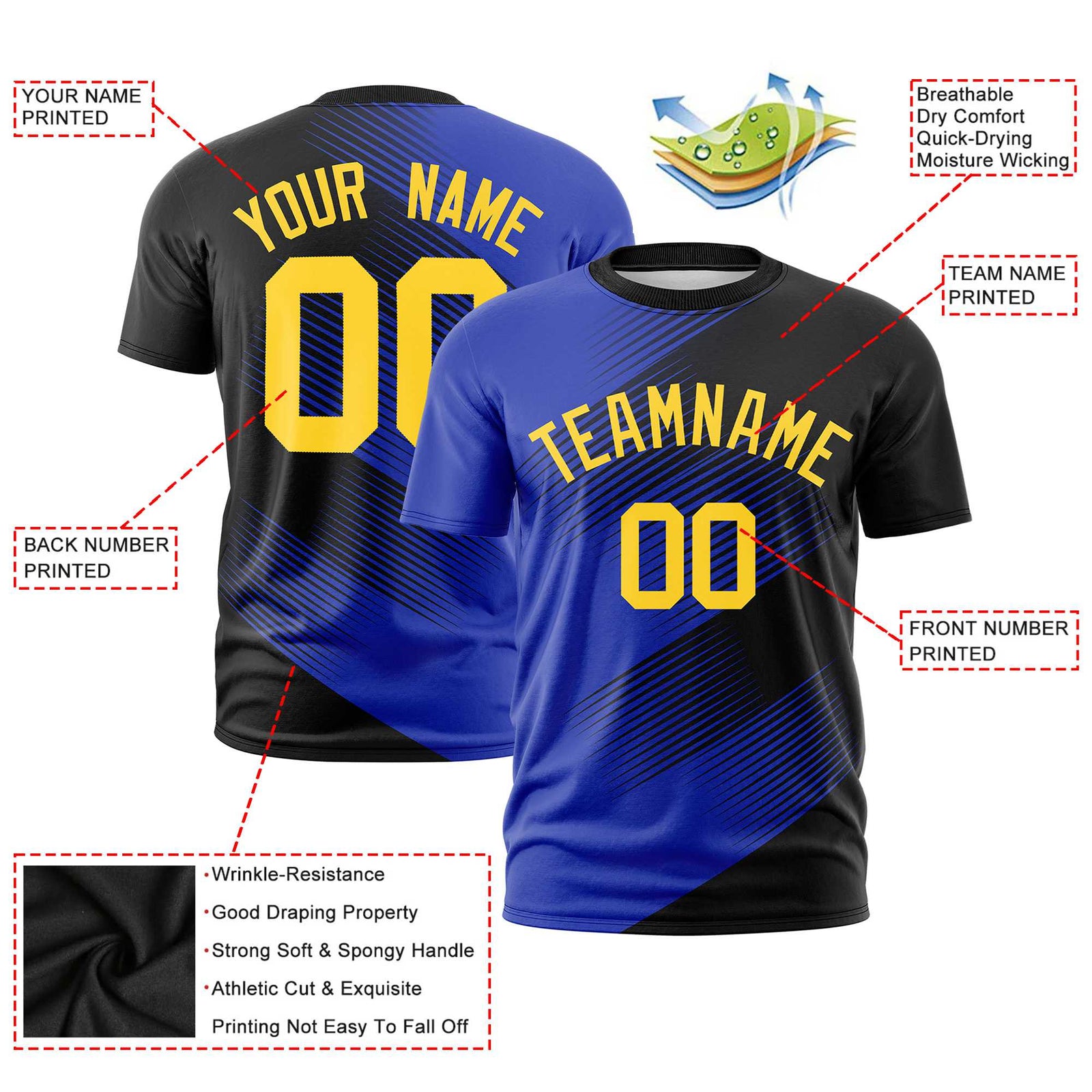 Custom Black Royal Blue 3D Pattern Design Gradient Slope Shapes Performance T-Shirt