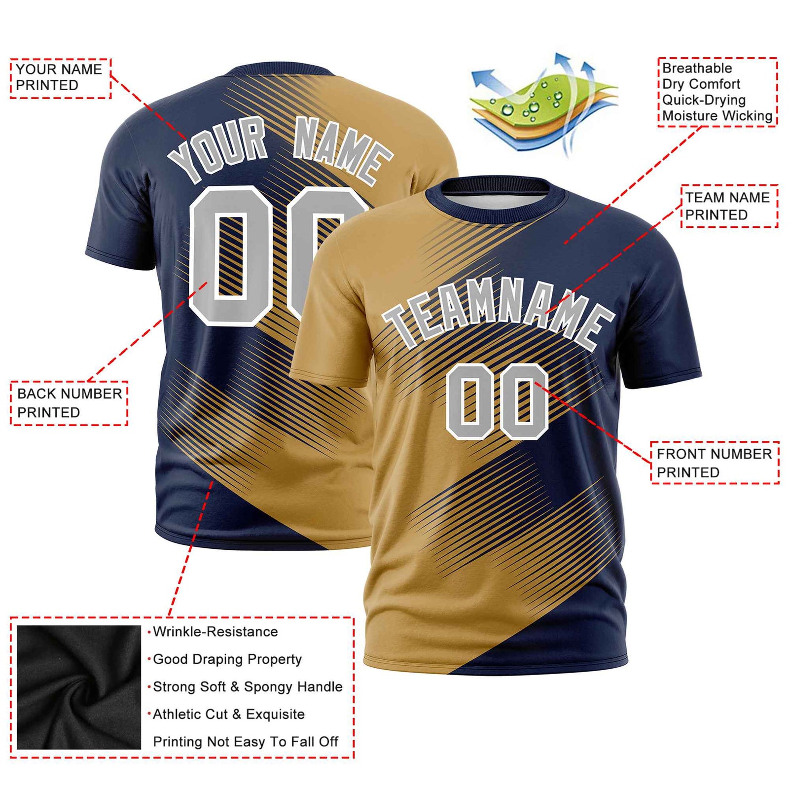 Custom Navy Old Gold 3D Pattern Design Gradient Slope Shapes Performance T-Shirt
