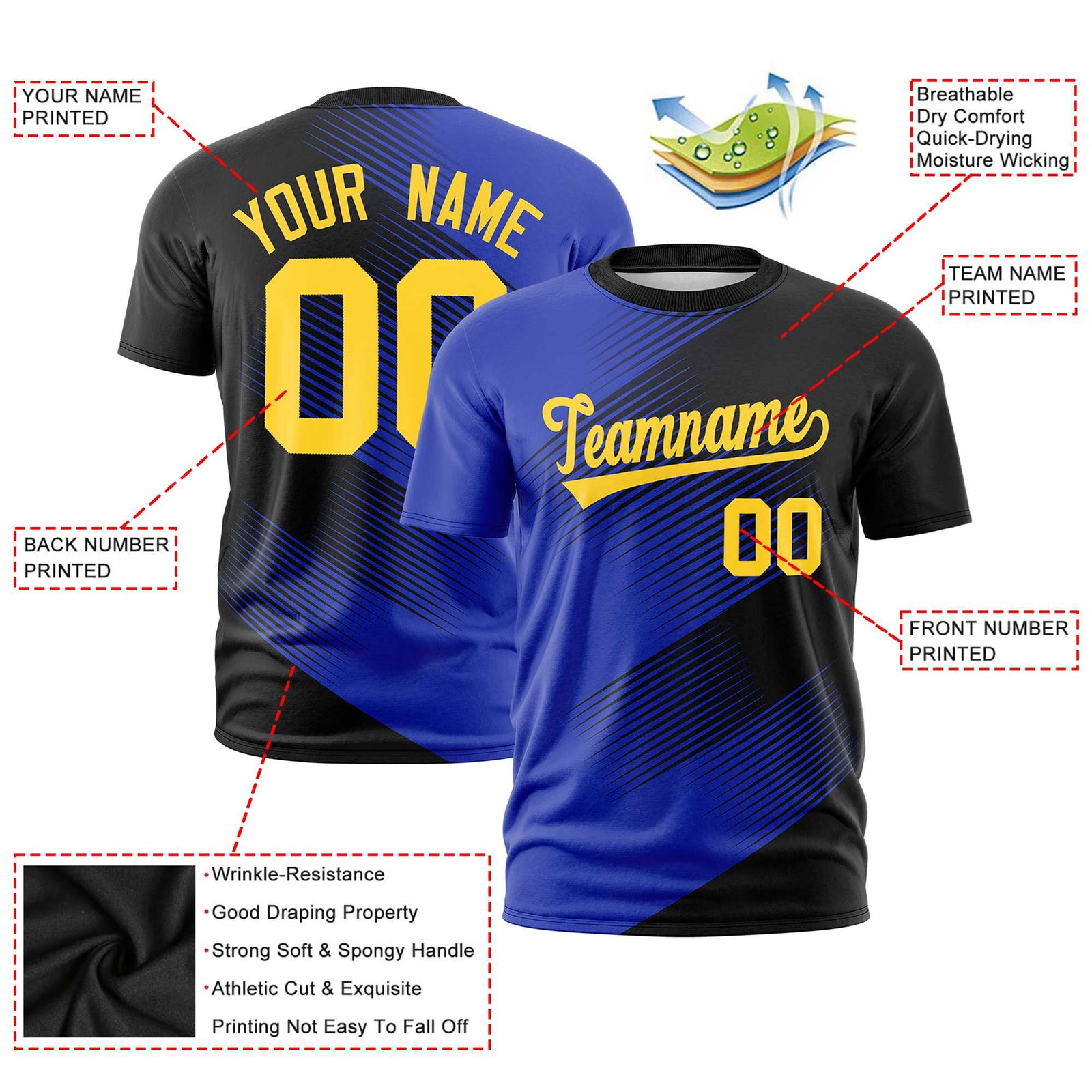 Custom Black Royal Blue 3D Pattern Design Gradient Slope Shapes Performance T-Shirt