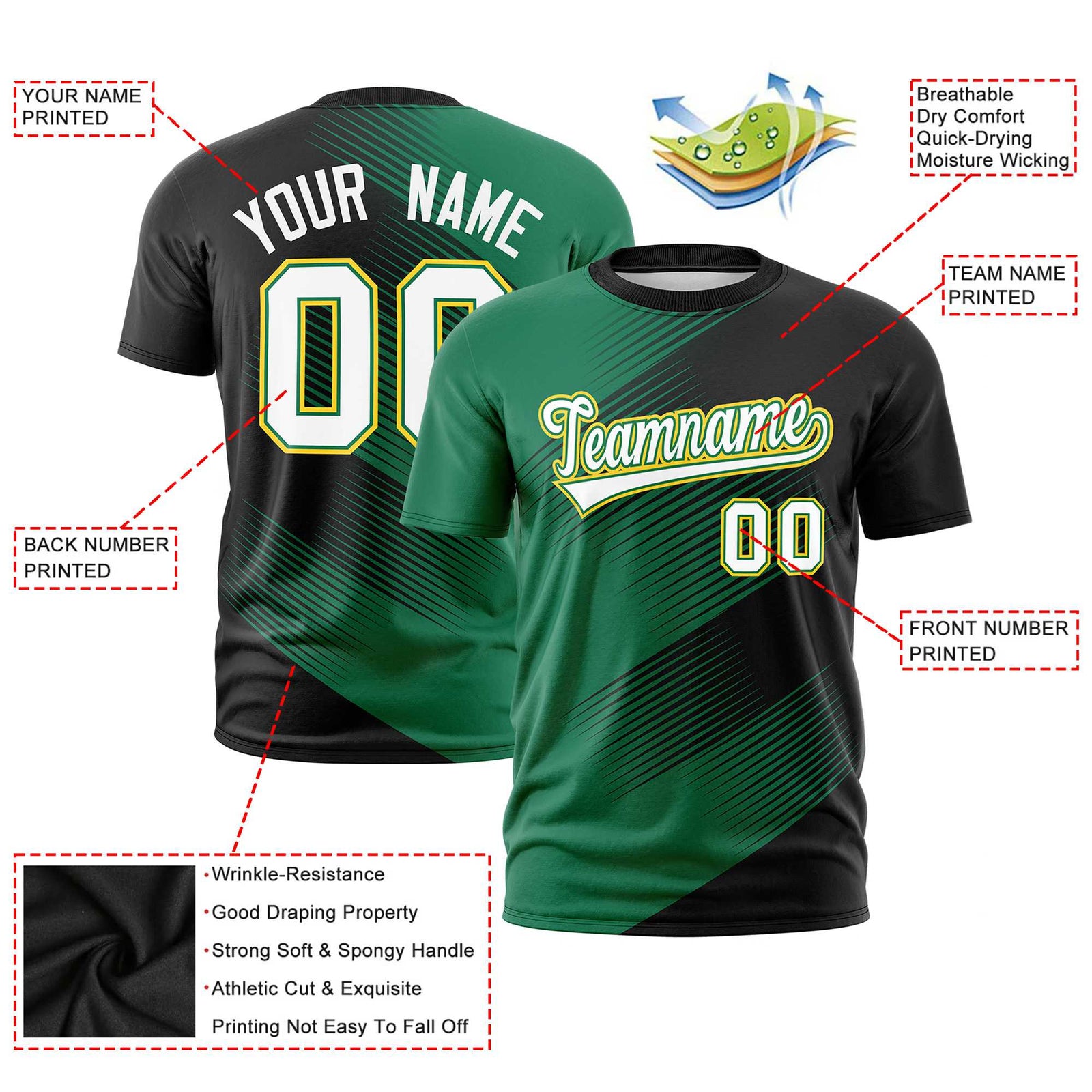 Custom Black Kelly Green 3D Pattern Design Gradient Slope Shapes Performance T-Shirt