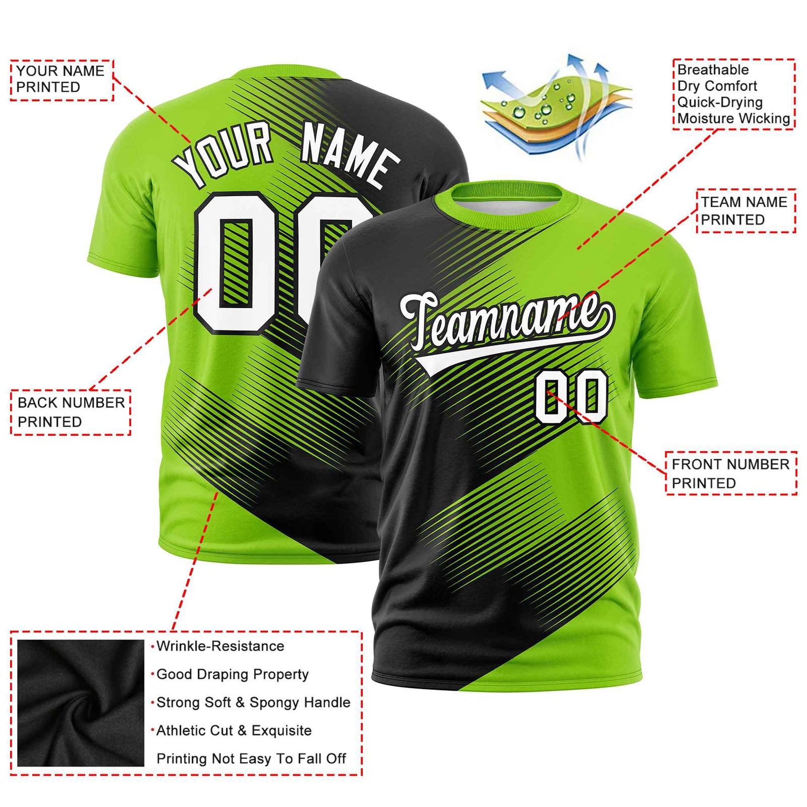 Custom Black Neon Green 3D Pattern Design Gradient Slope Shapes Performance T-Shirt