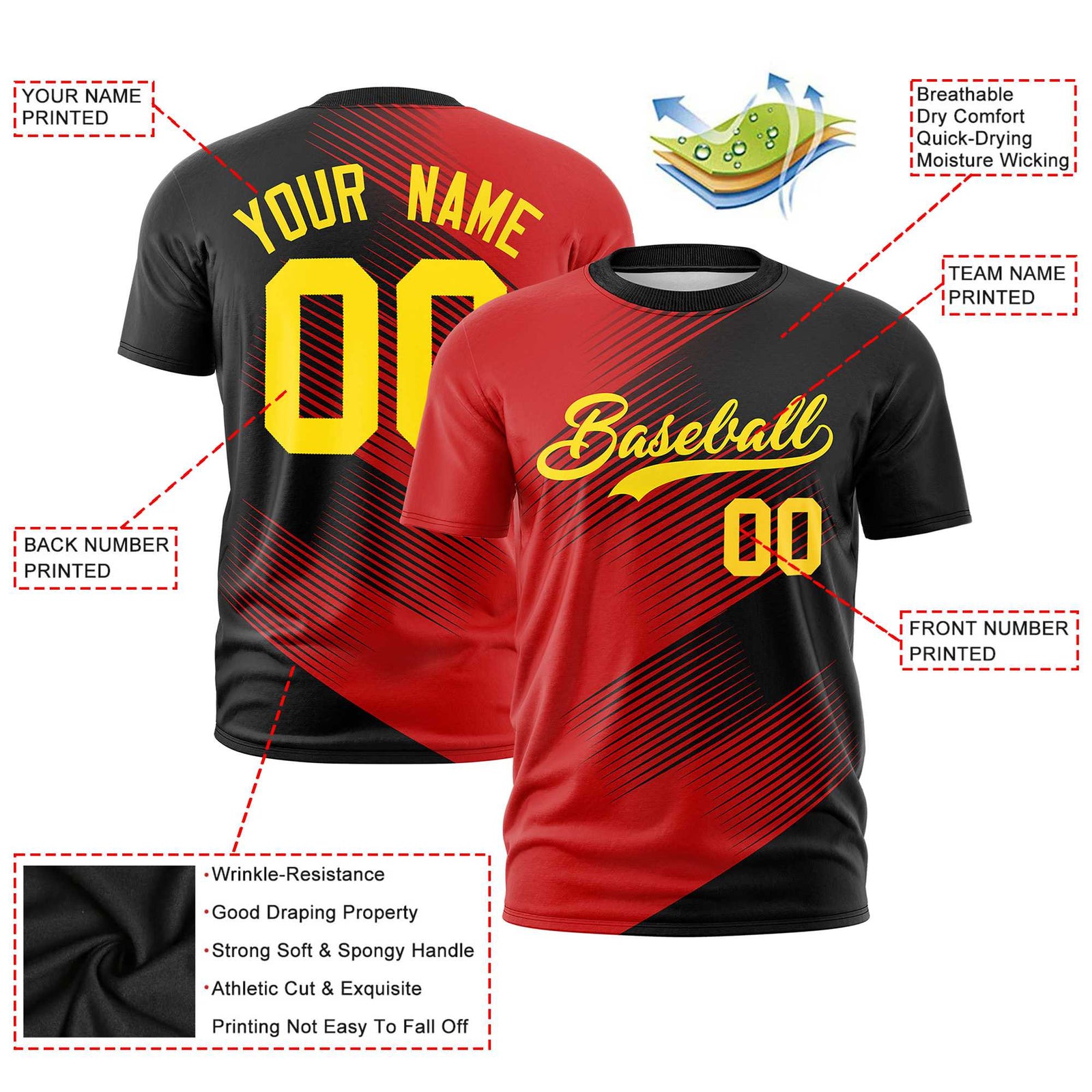 Custom Black Red 3D Pattern Design Gradient Slope Shapes Performance T-Shirt