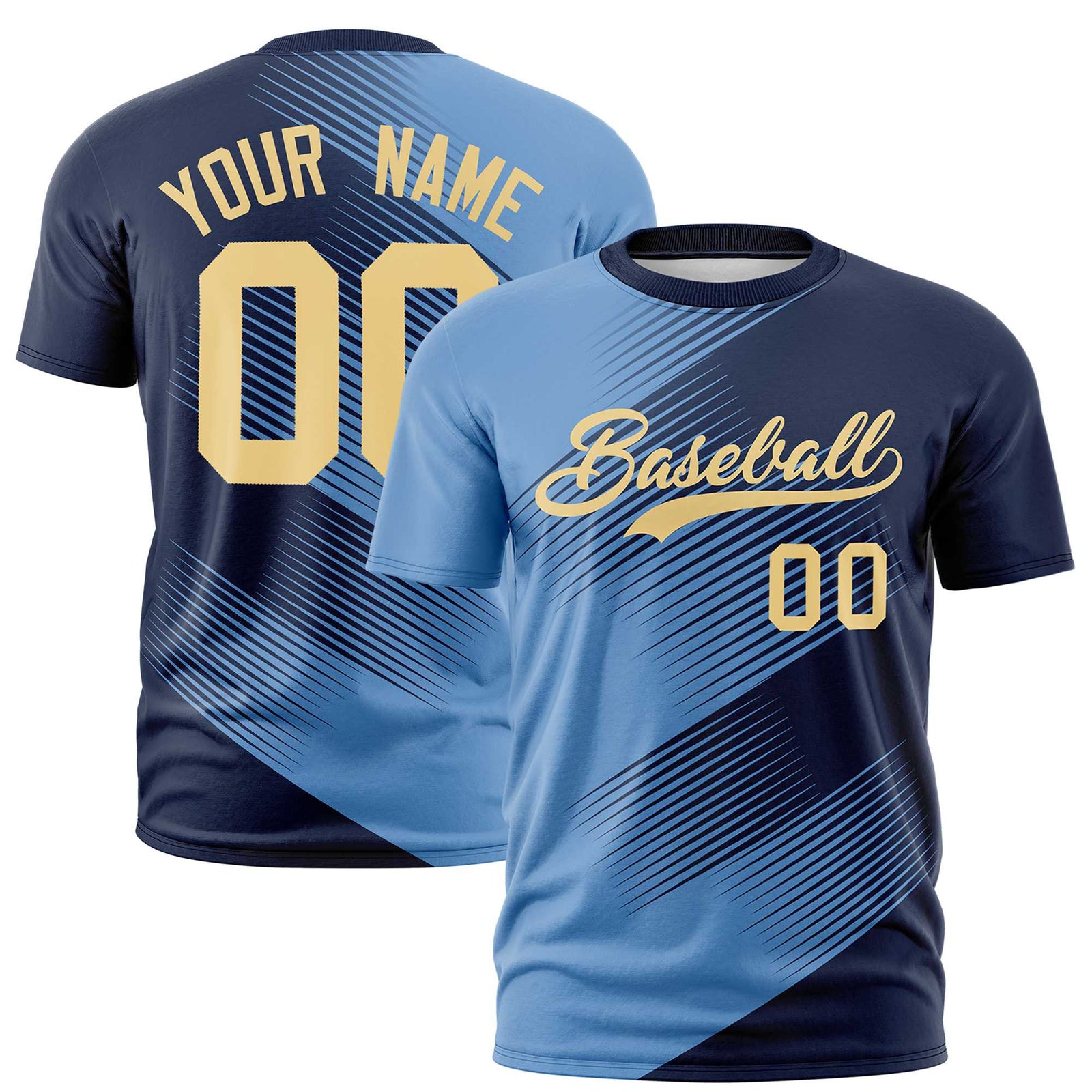 Custom Navy Powder Blue 3D Pattern Design Gradient Slope Shapes Performance T-Shirt