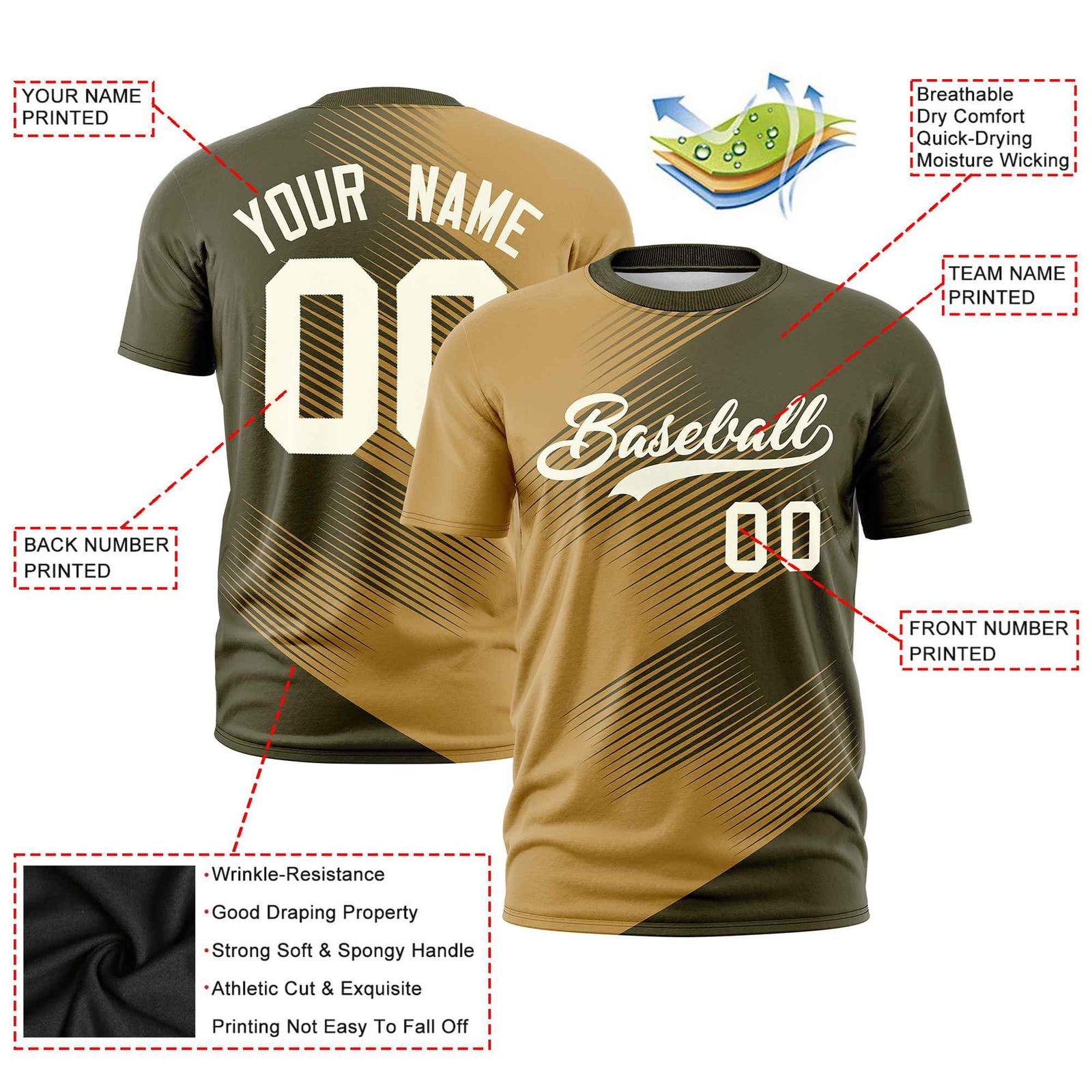 Custom Old Gold Olive 3D Pattern Design Gradient Slope Shapes Performance T-Shirt