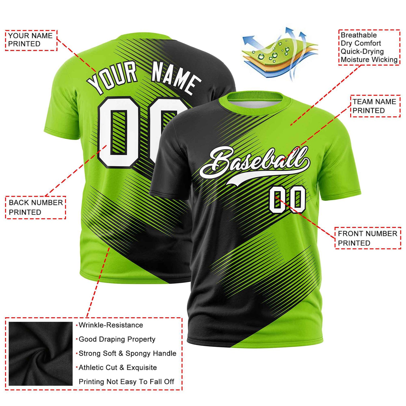 Custom Black Neon Green 3D Pattern Design Gradient Slope Shapes Performance T-Shirt