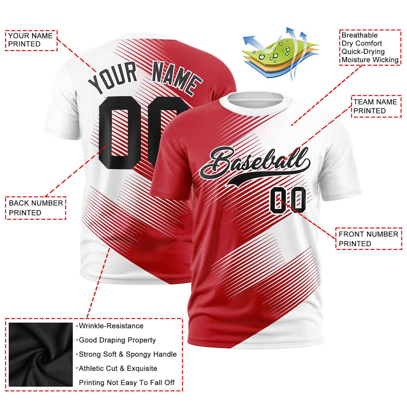 Custom White Red 3D Pattern Design Gradient Slope Shapes Performance T-Shirt