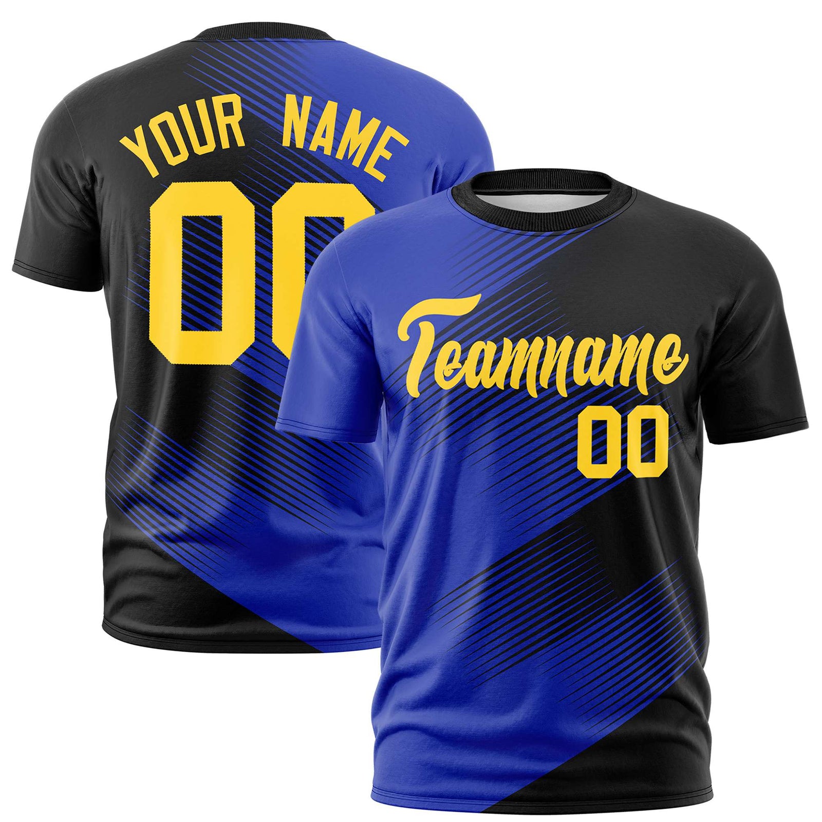 Custom Black Royal Blue 3D Pattern Design Gradient Slope Shapes Performance T-Shirt