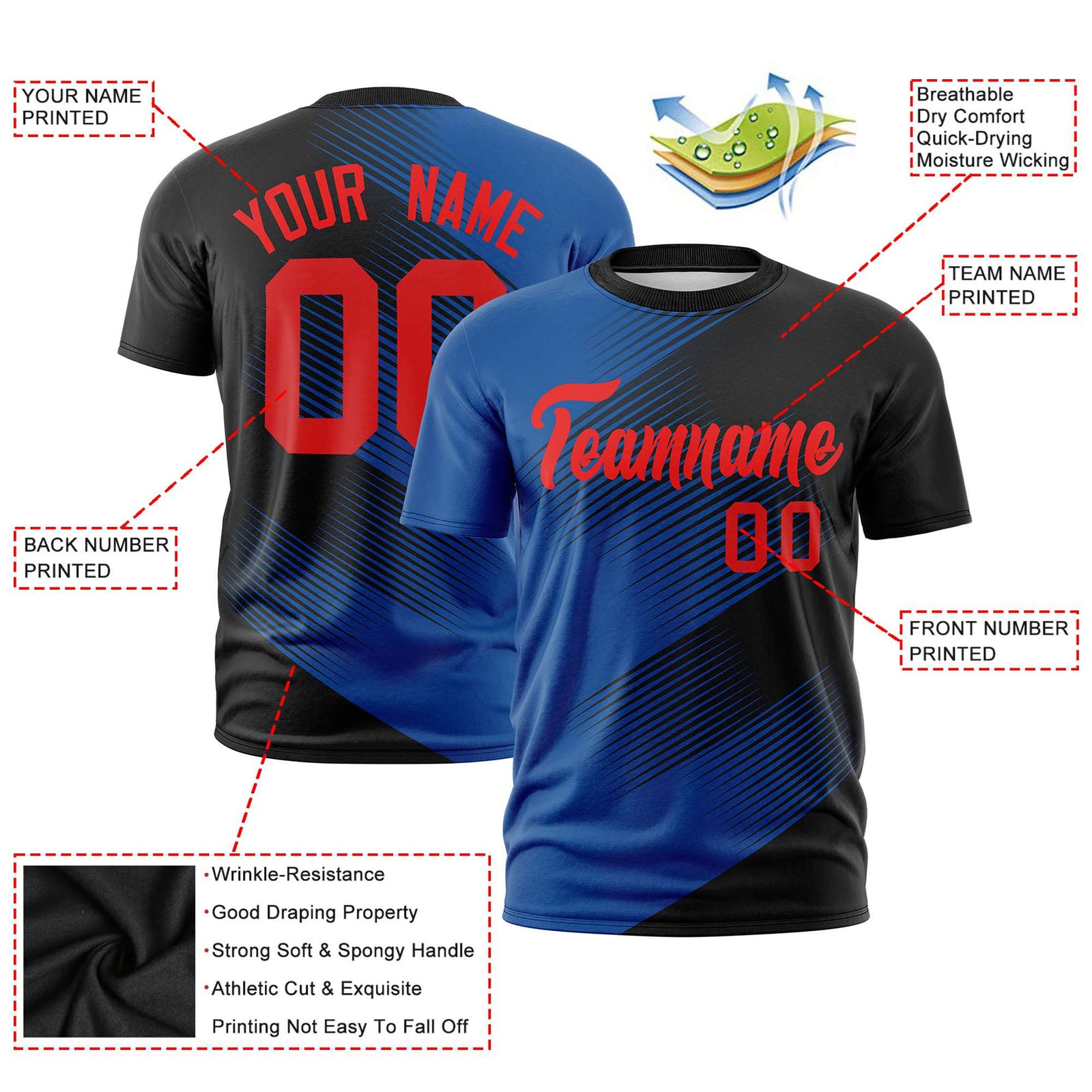 Custom Black Royal Blue 3D Pattern Design Gradient Slope Shapes Performance T-Shirt