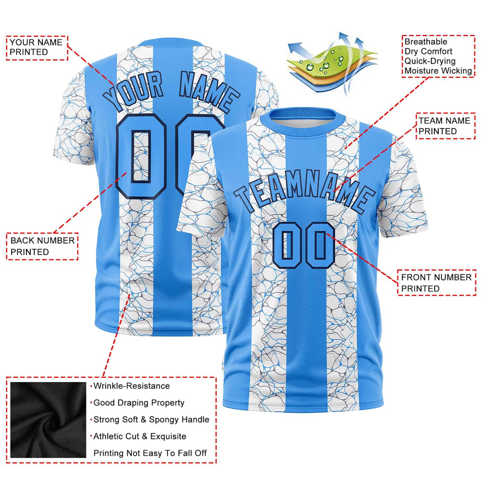 Custom Powder Blue White Crew neck Ripple Shapes Design Performance T-Shirt