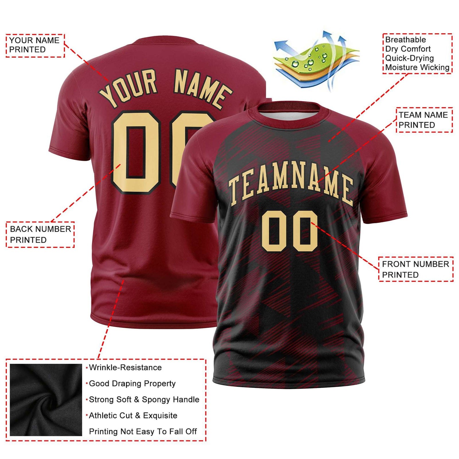 Custom Black Crimson Crew neck Triangular Shapes Design Performance T-Shirt