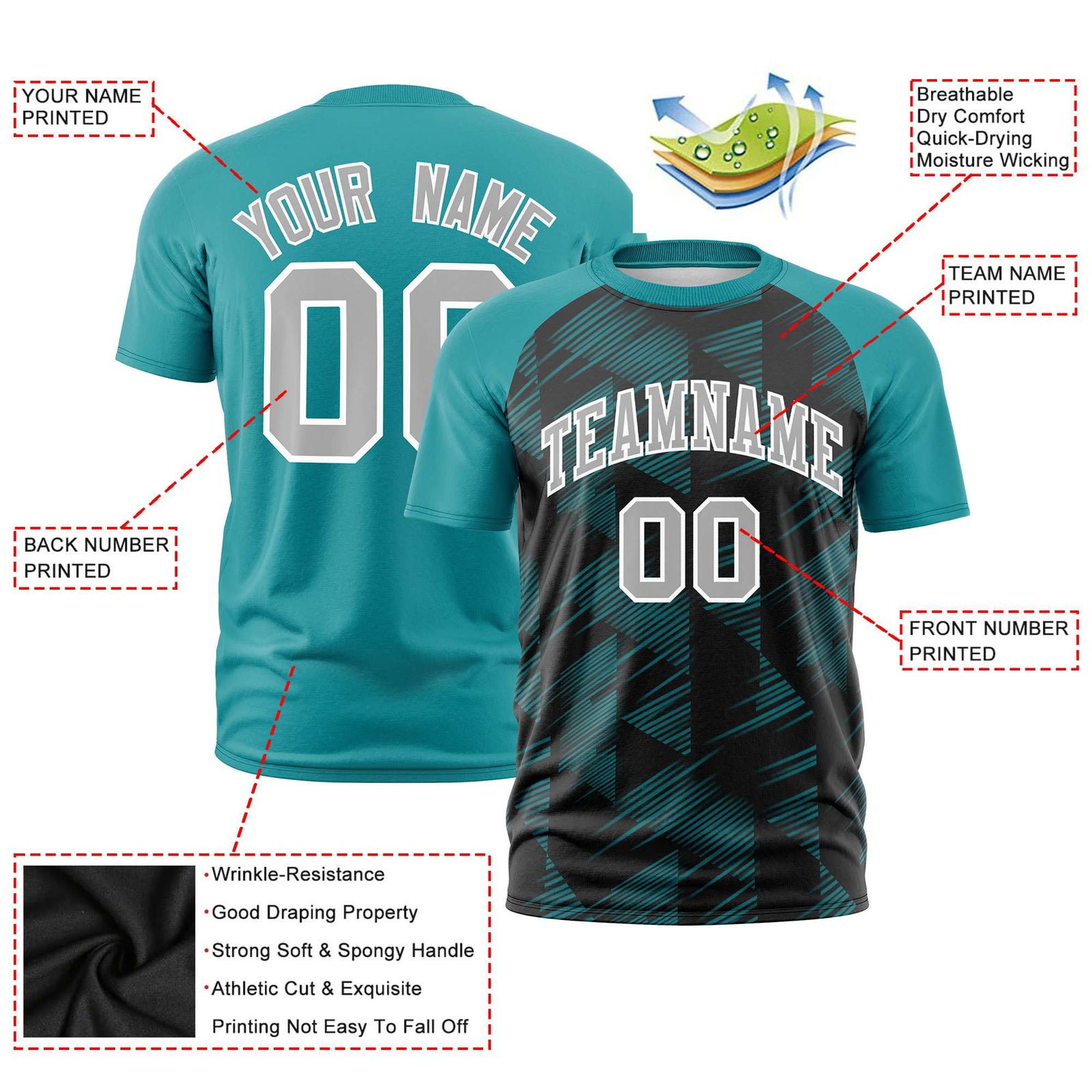 Custom Black Aqua Crew neck Triangular Shapes Design Performance T-Shirt