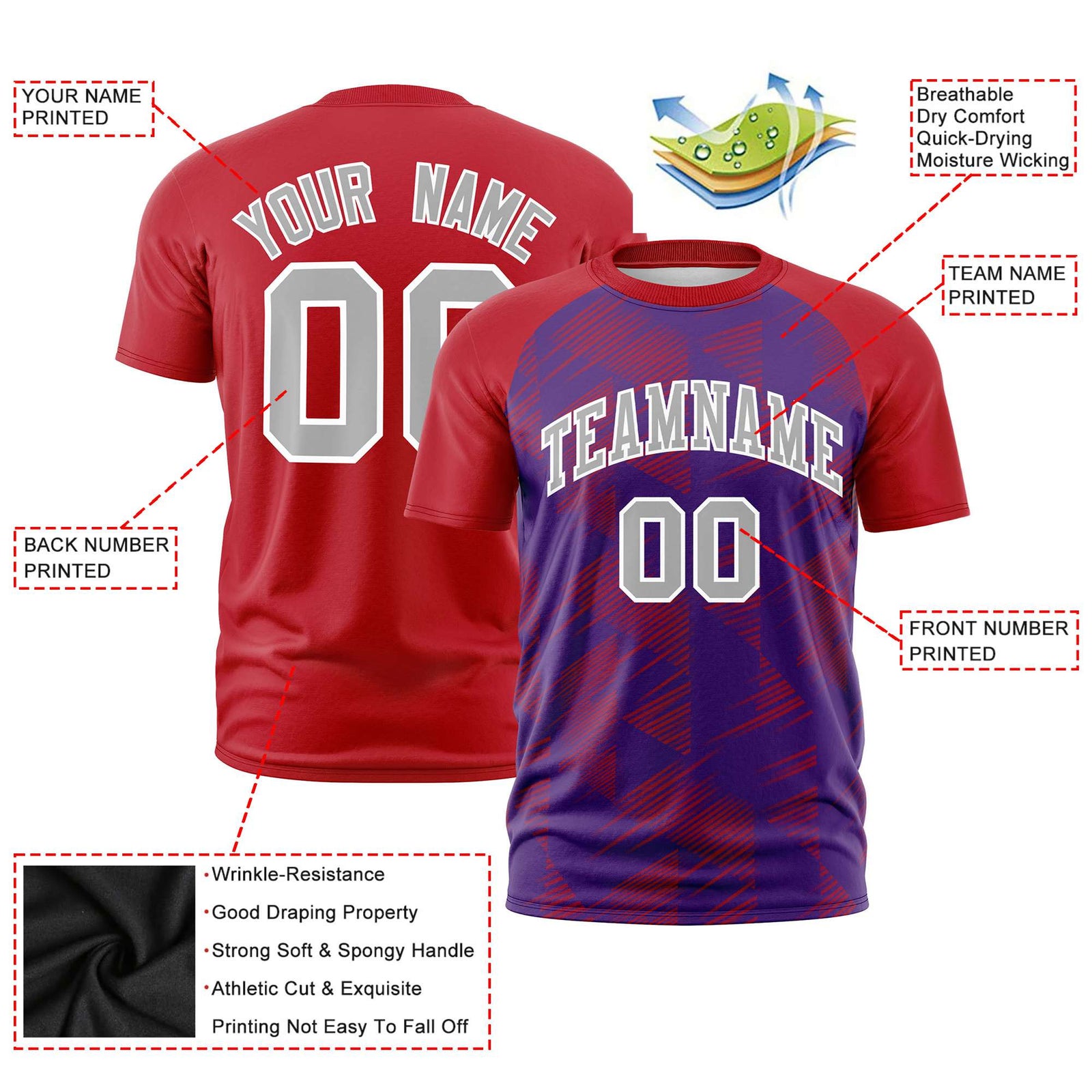 Custom Purple Red Crew neck Triangular Shapes Design Performance T-Shirt