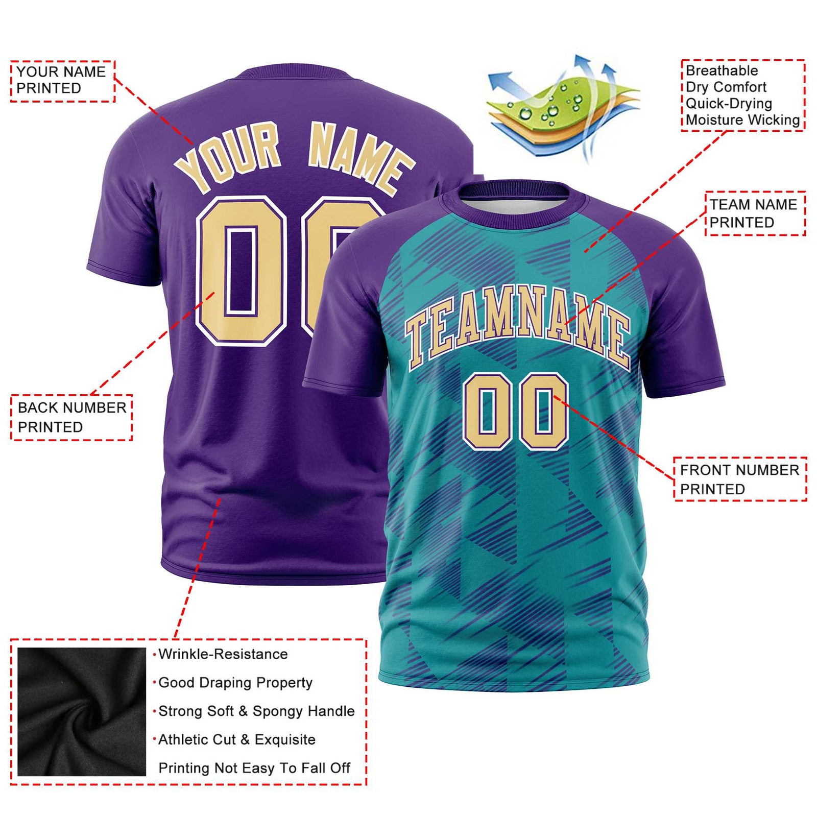 Custom Aqua Purple Crew neck Triangular Shapes Design Performance T-Shirt