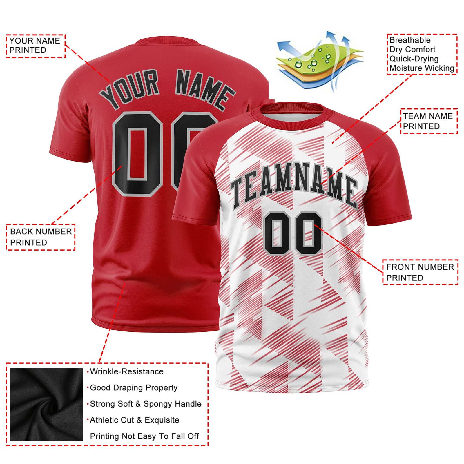 Custom White Red Crew neck Triangular Shapes Design Performance T-Shirt