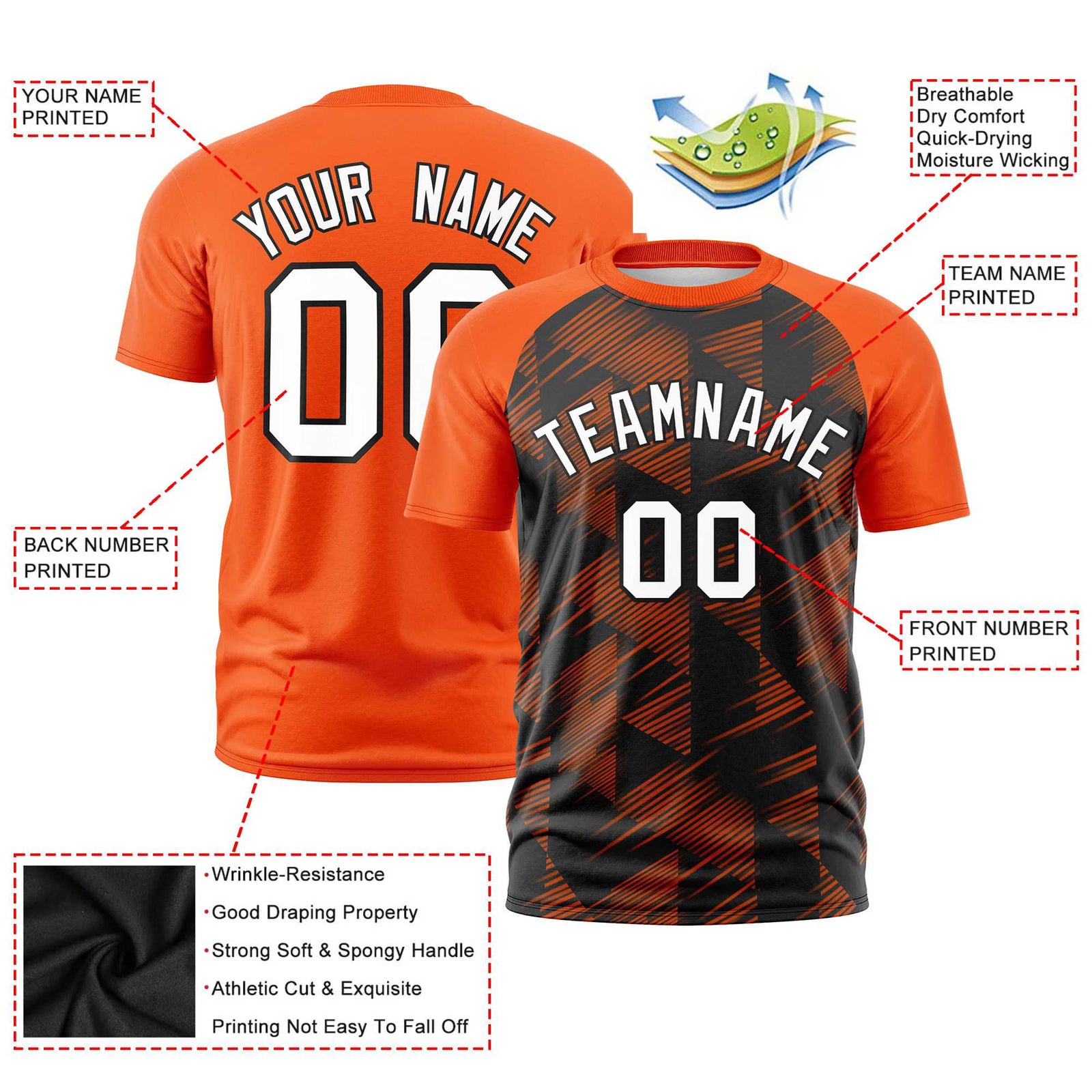 Custom Black Orange Crew neck Triangular Shapes Design Performance T-Shirt