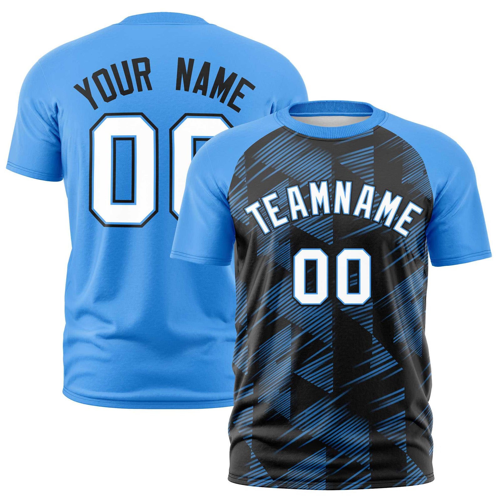 Custom Black Powder Blue Crew neck Triangular Shapes Design Performance T-Shirt