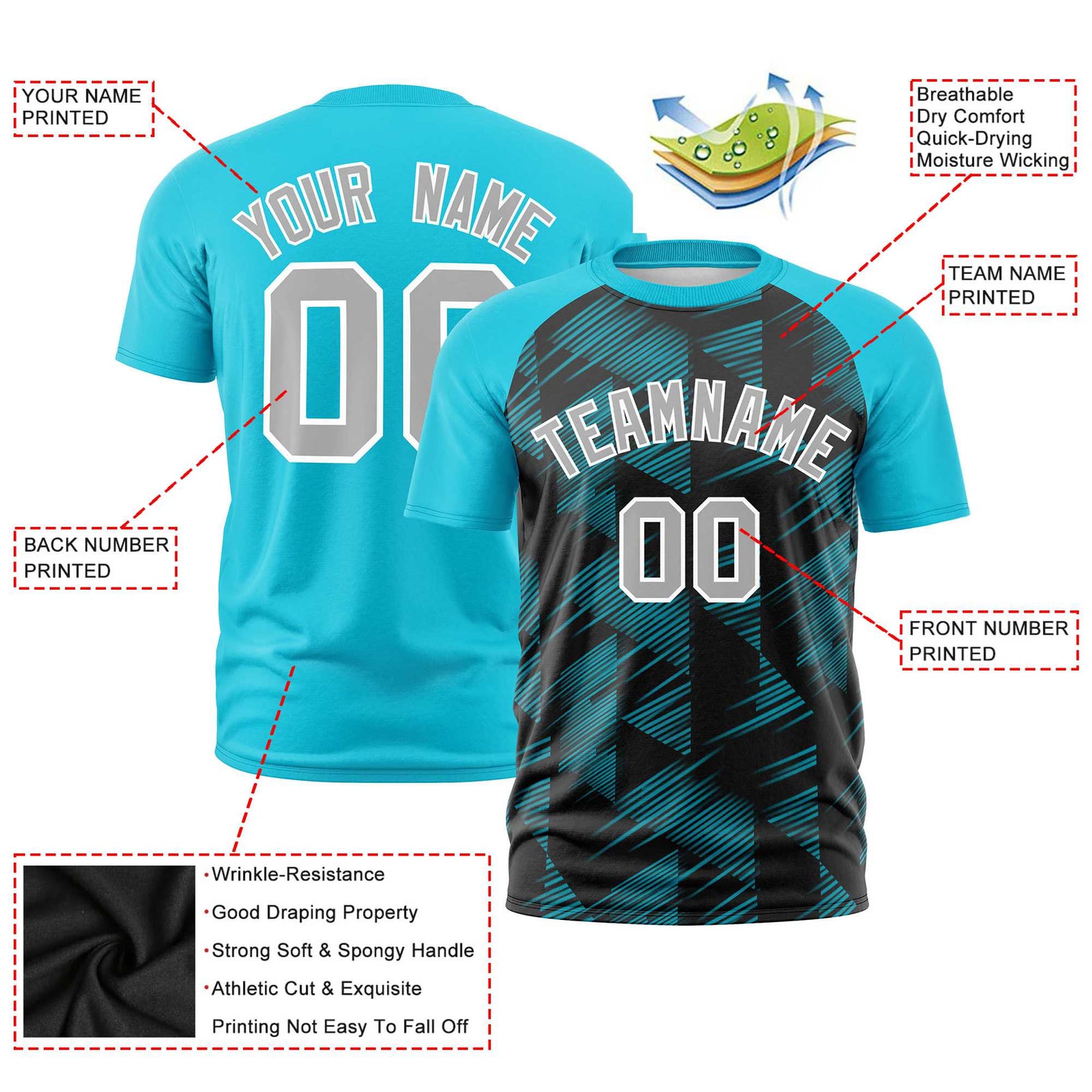 Custom Black Sky Blue Crew neck Triangular Shapes Design Performance T-Shirt