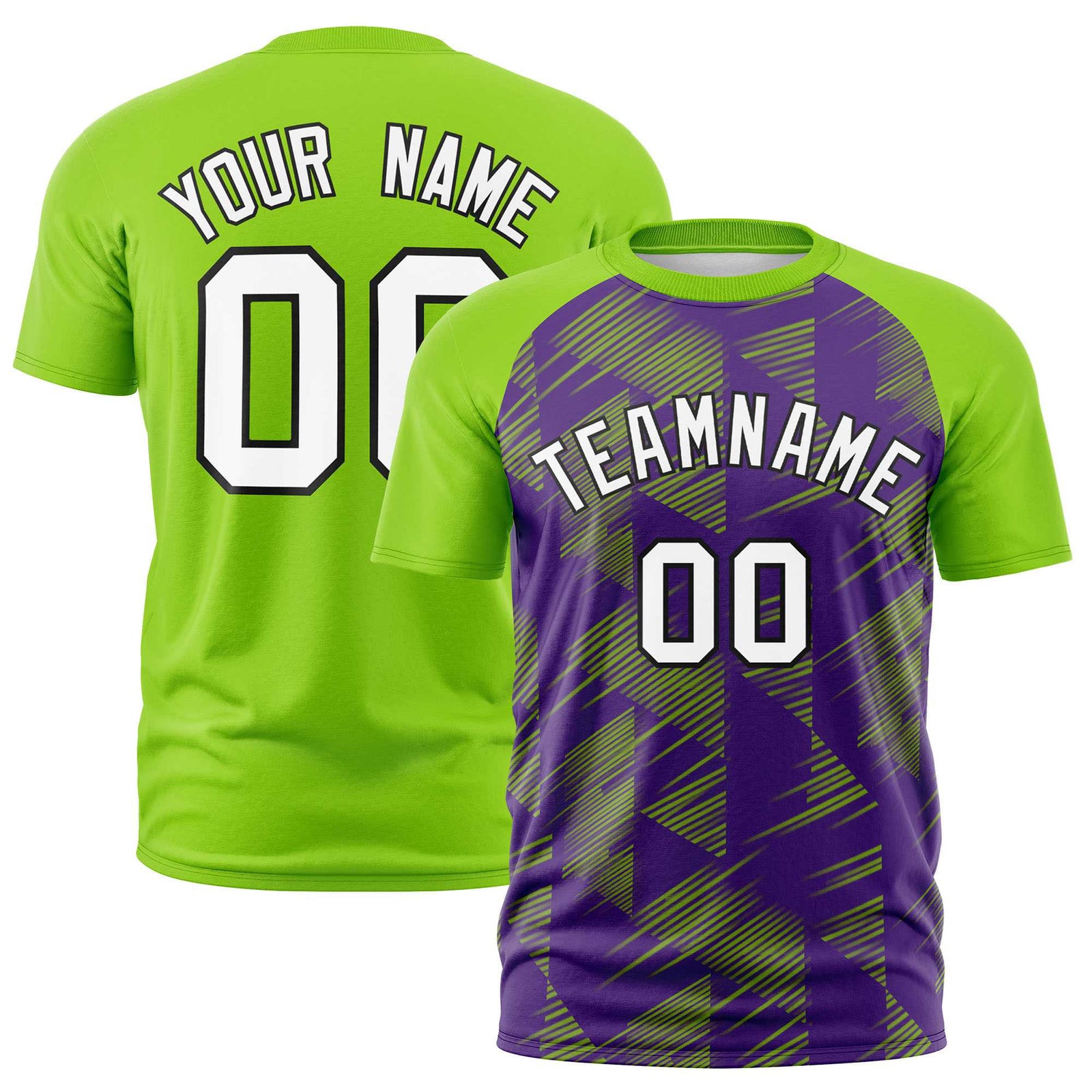 Custom Purple Neon Green Crew neck Triangular Shapes Design Performance T-Shirt
