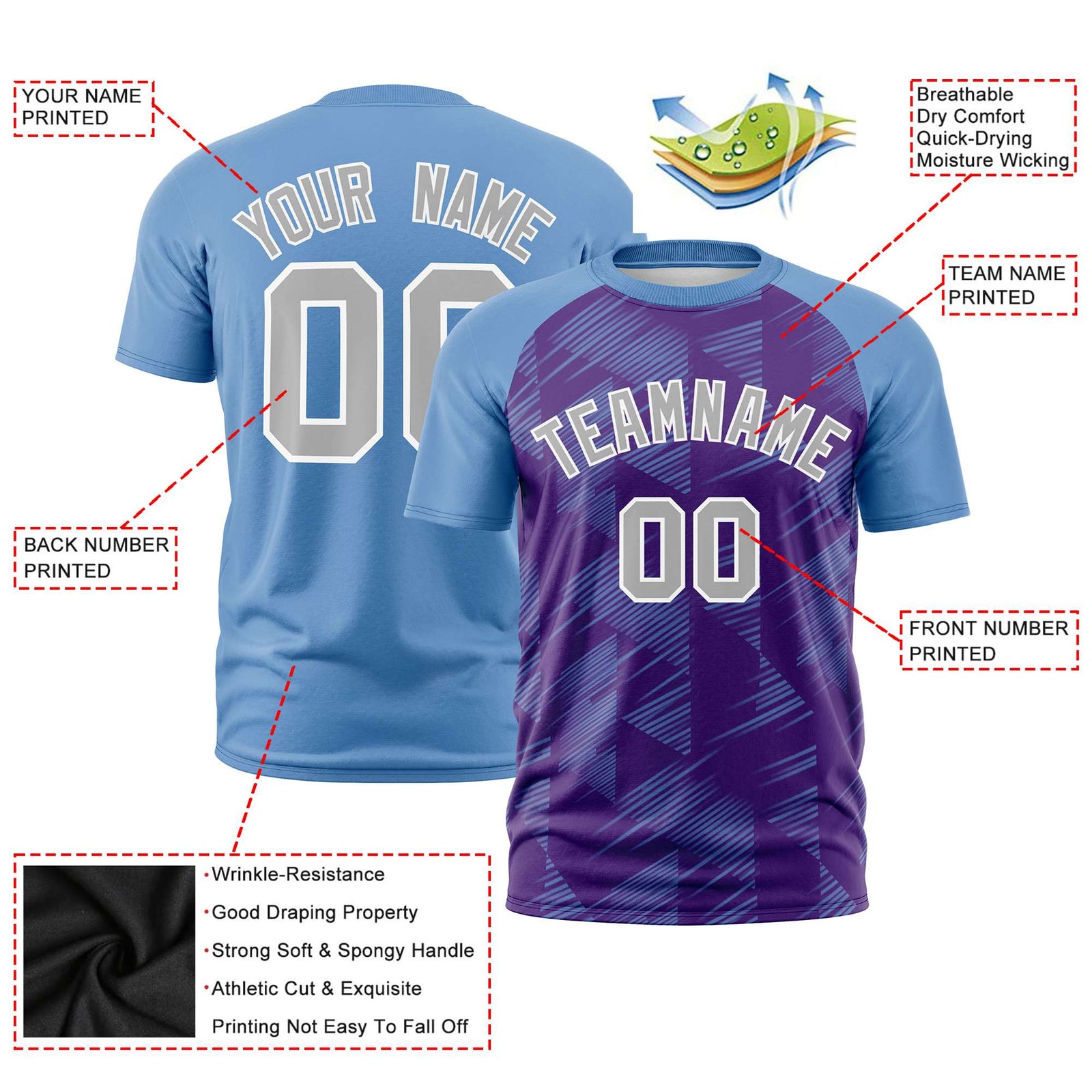 Custom Purple Light Blue Crew neck Triangular Shapes Design Performance T-Shirt