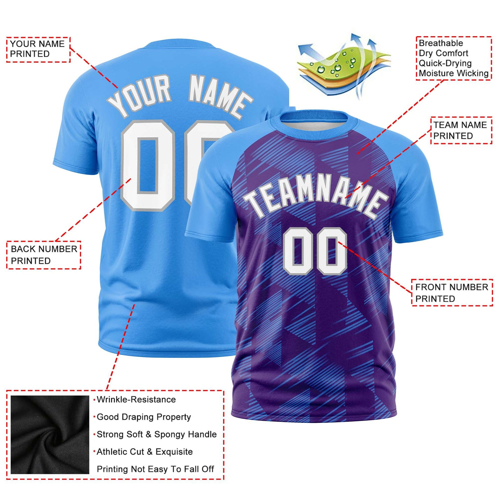 Custom Purple Powder Blue Crew neck Triangular Shapes Design Performance T-Shirt