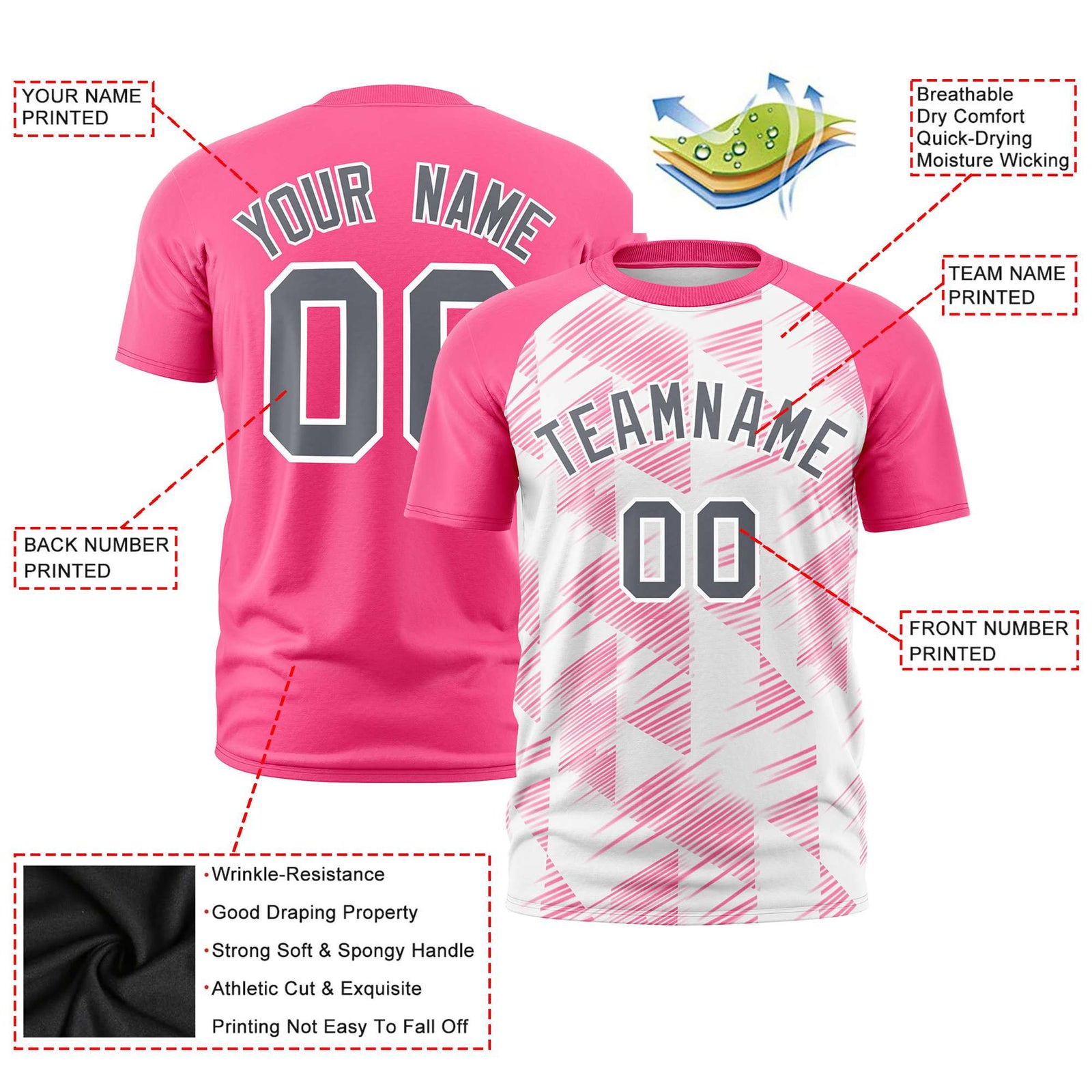 Custom White Pink Crew neck Triangular Shapes Design Performance T-Shirt