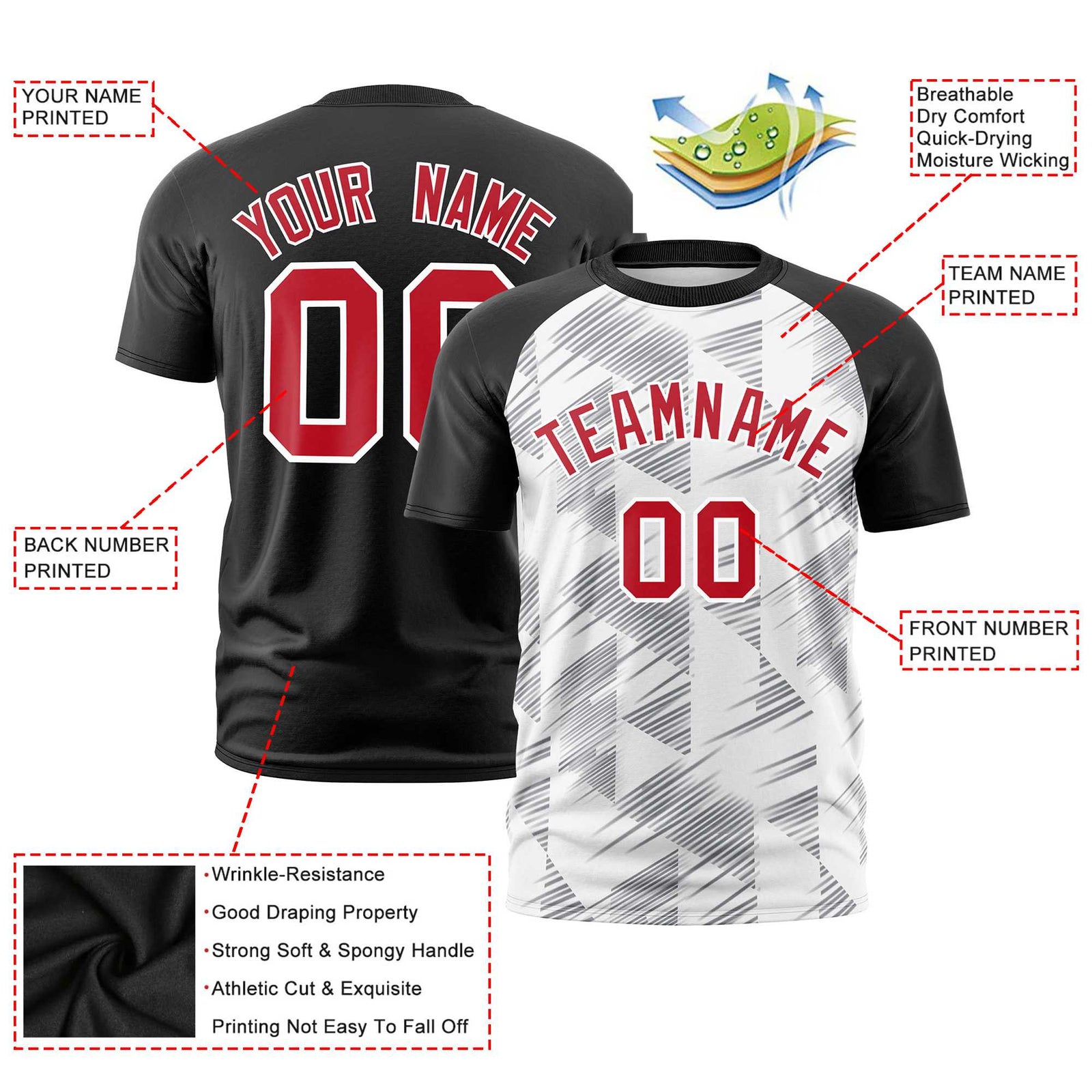 Custom White Black Crew neck Triangular Shapes Design Performance T-Shirt