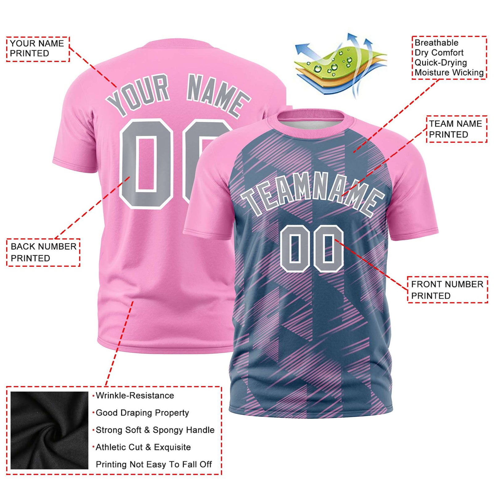 Custom Midnight Blue Pink Crew neck Triangular Shapes Design Performance T-Shirt