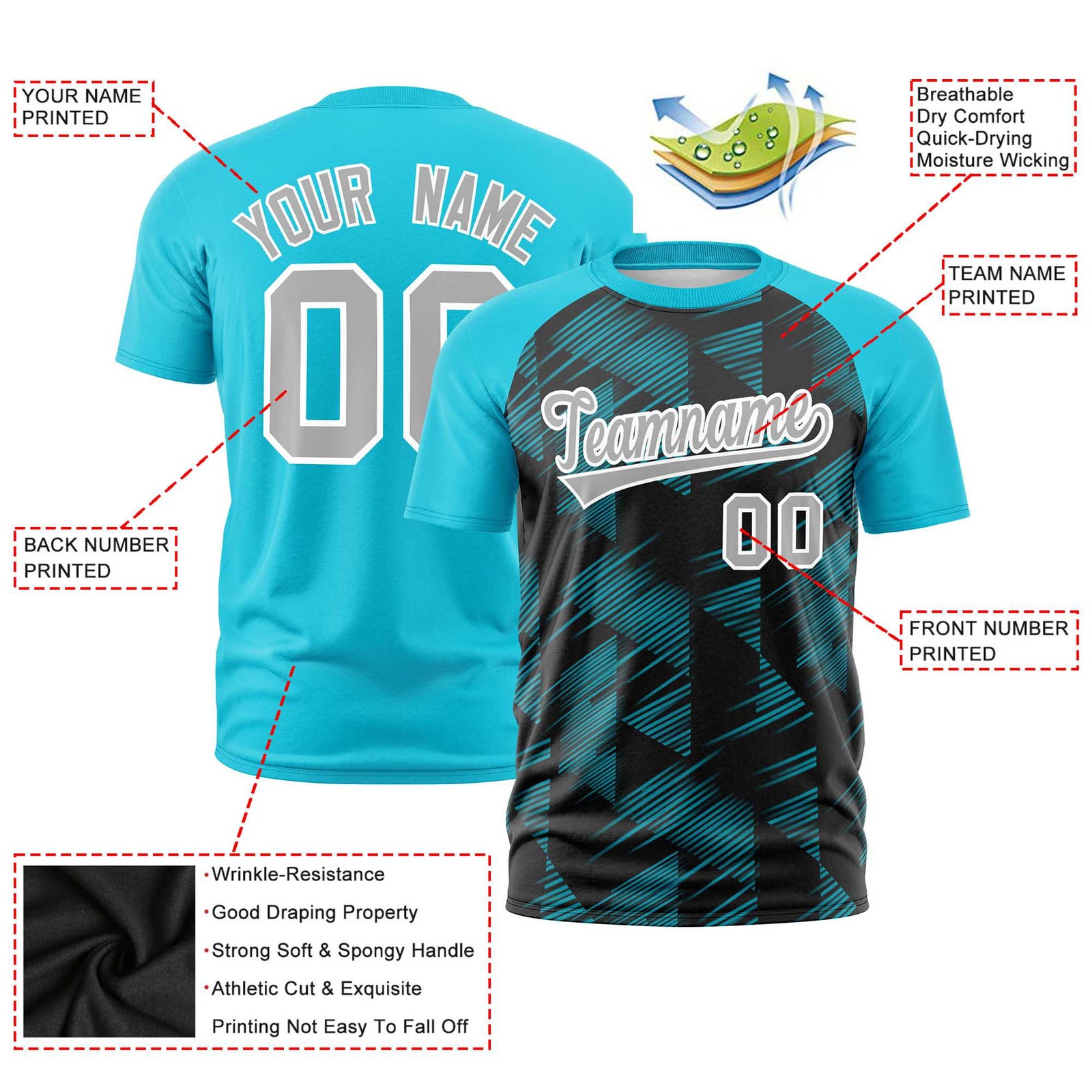 Custom Black Sky Blue Crew neck Triangular Shapes Design Performance T-Shirt