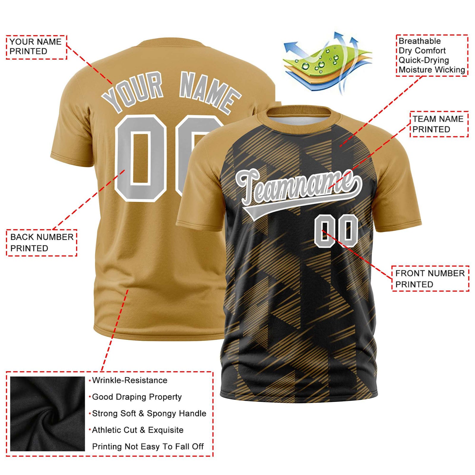 Custom Black Old Gold Crew neck Triangular Shapes Design Performance T-Shirt