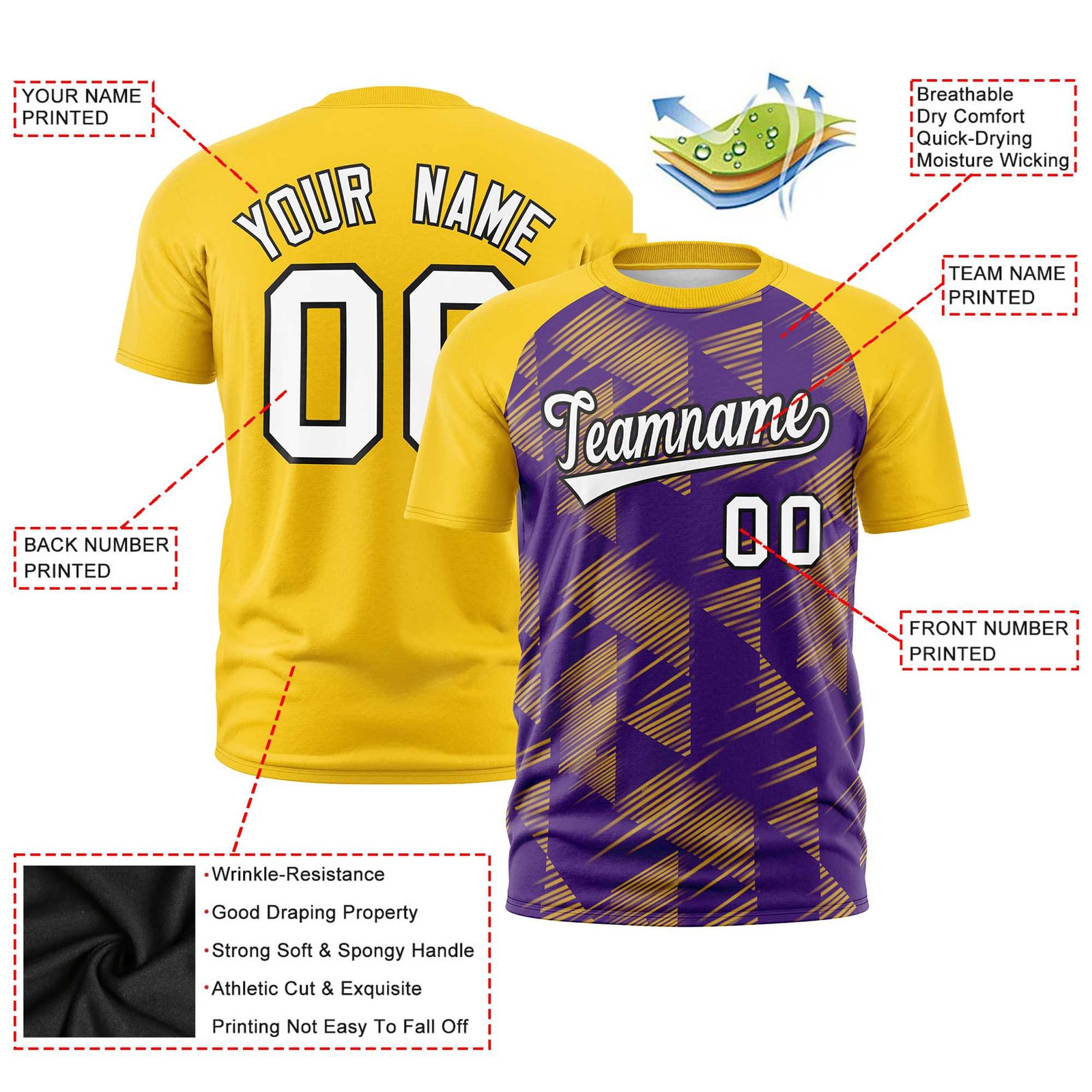 Custom Purple Gold-01 Crew neck Triangular Shapes Design Performance T-Shirt