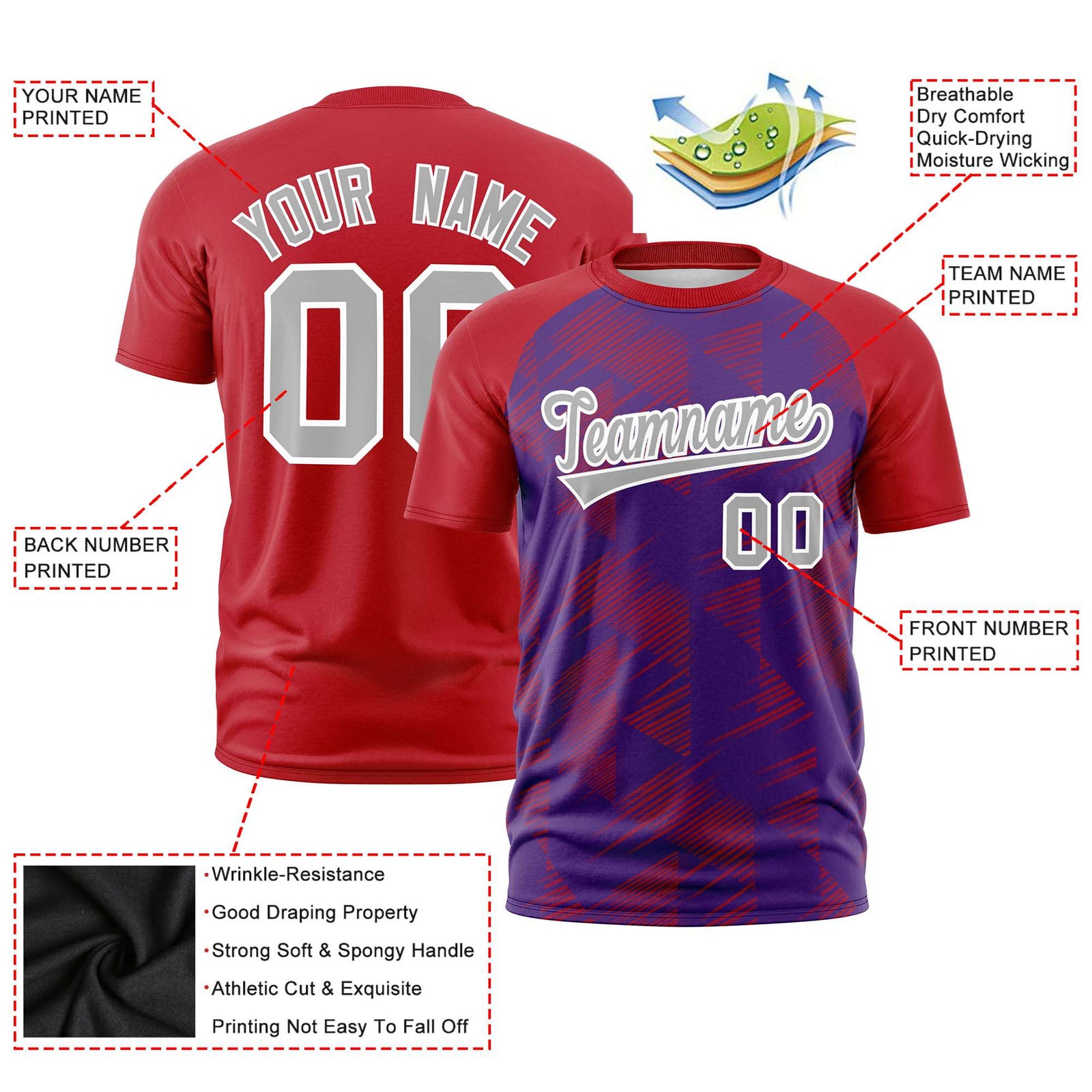 Custom Purple Red Crew neck Triangular Shapes Design Performance T-Shirt