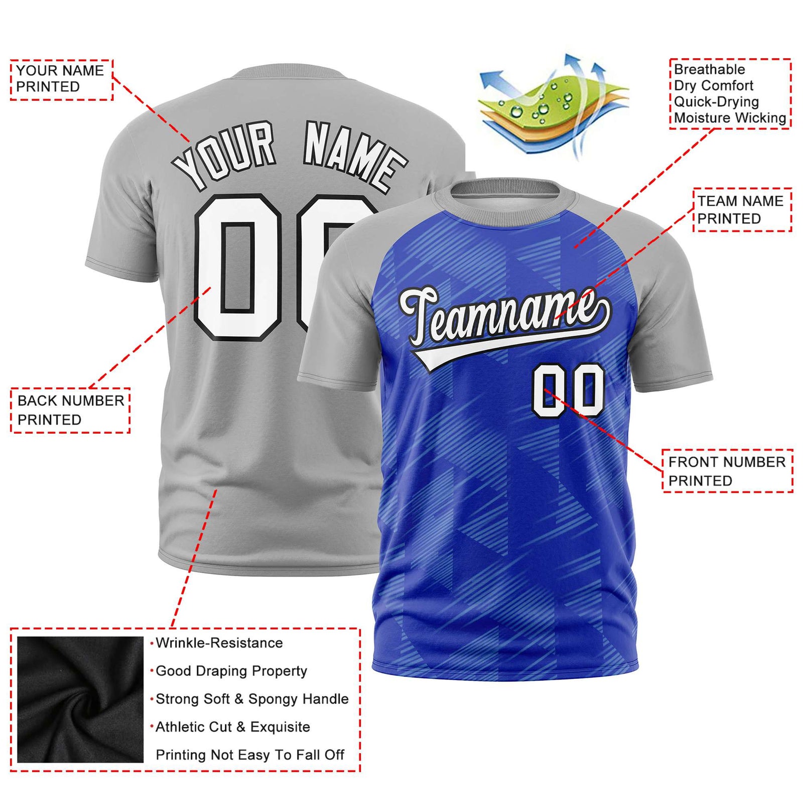 Custom Royal Blue Gray Crew neck Triangular Shapes Design Performance T-Shirt