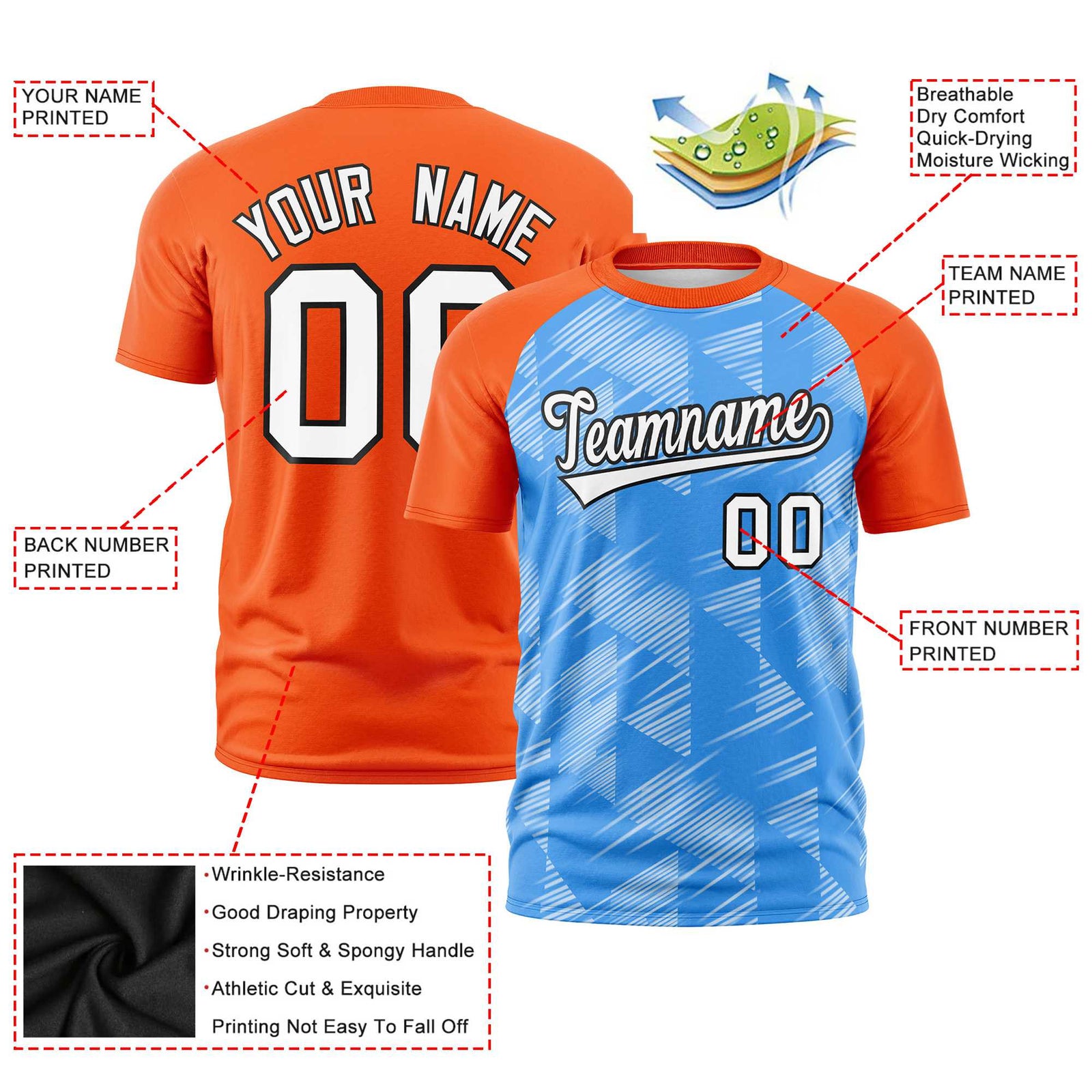 Custom Powder Blue Orange Crew neck Triangular Shapes Design Performance T-Shirt