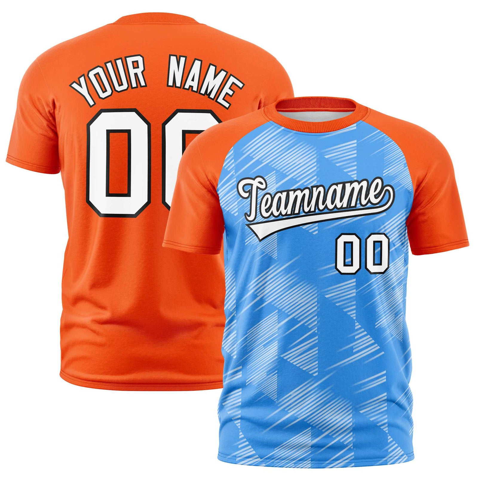 Custom Powder Blue Orange Crew neck Triangular Shapes Design Performance T-Shirt