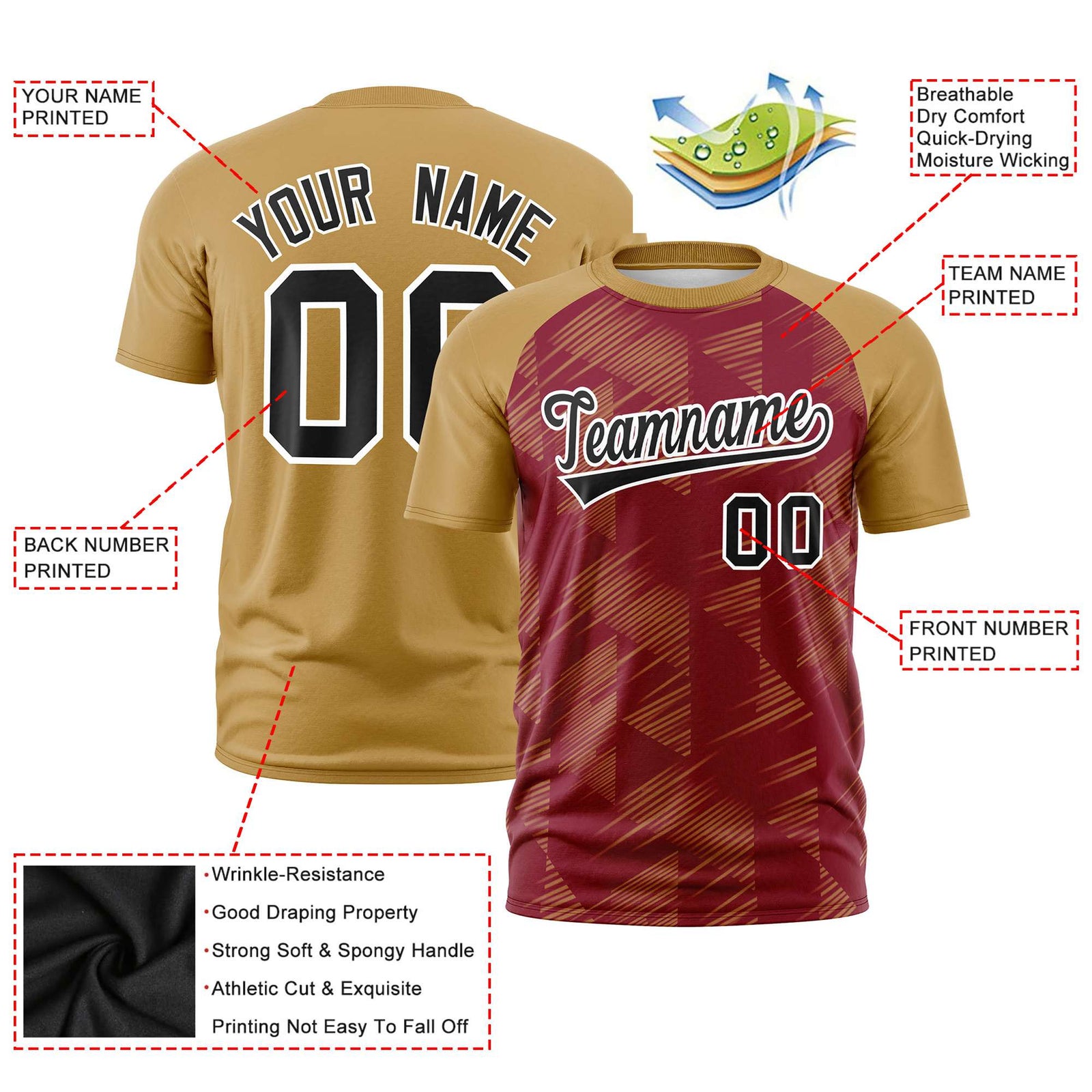 Custom Crimson Old Gold Crew neck Triangular Shapes Design Performance T-Shirt