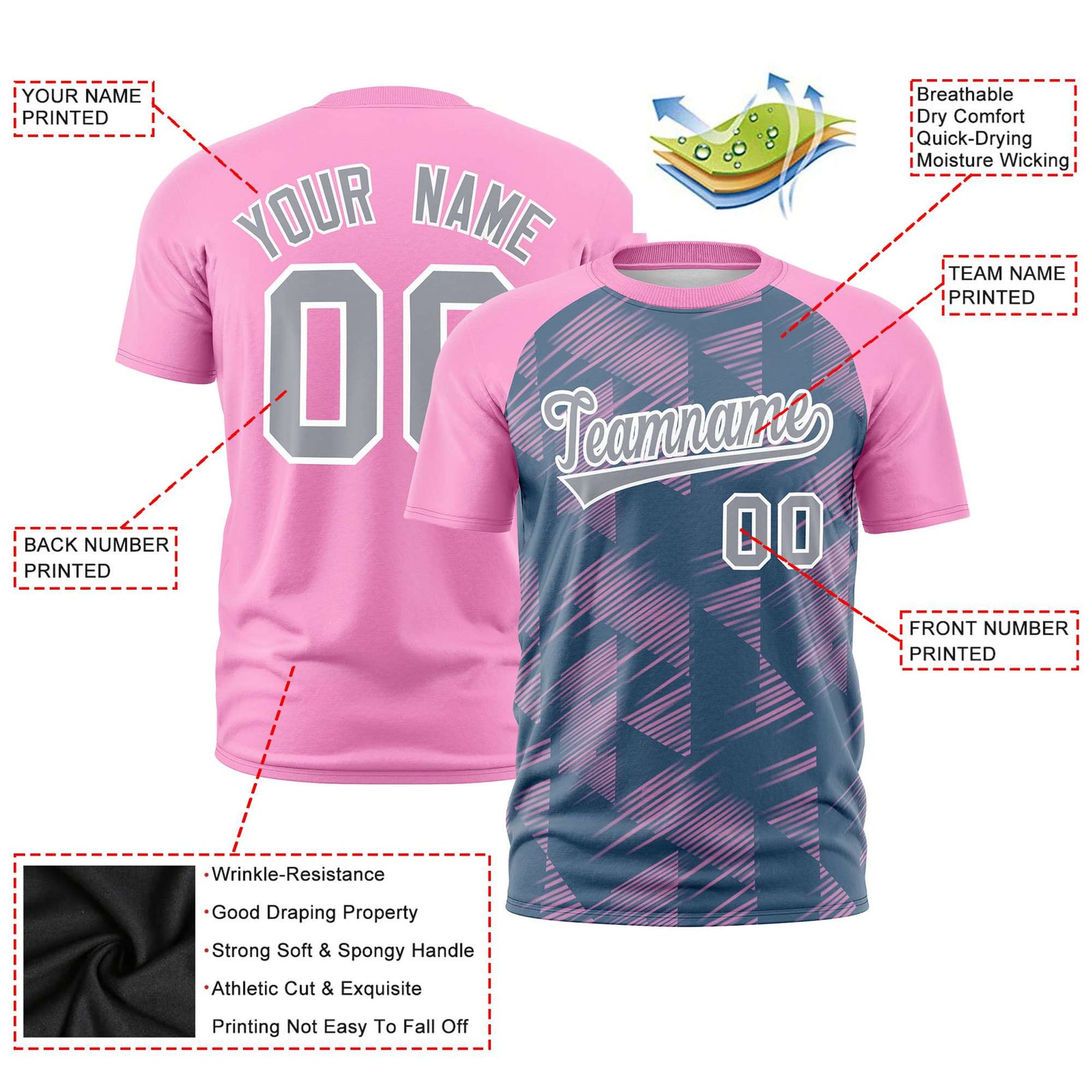 Custom Midnight Blue Pink Crew neck Triangular Shapes Design Performance T-Shirt