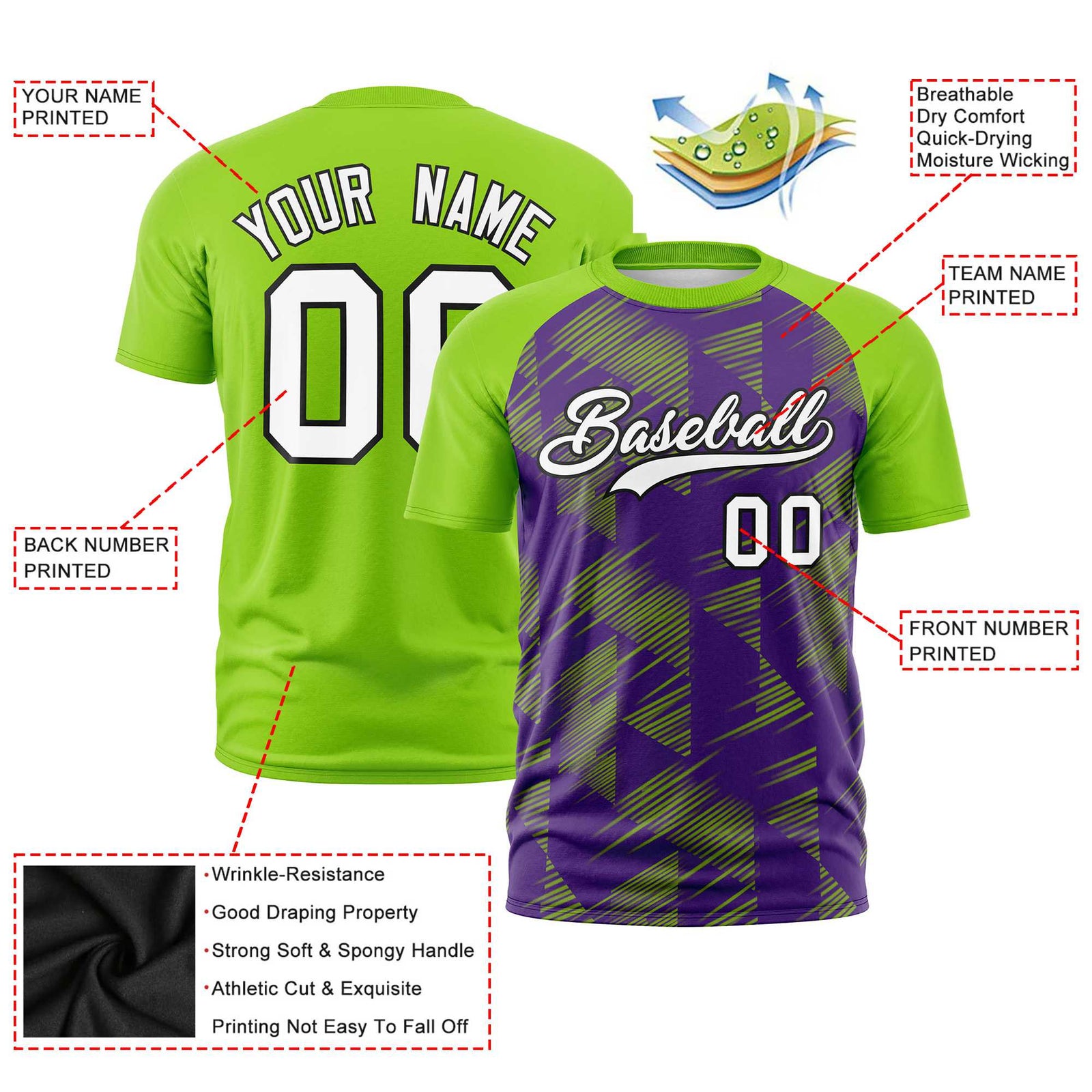 Custom Purple Neon Green Crew neck Triangular Shapes Design Performance T-Shirt
