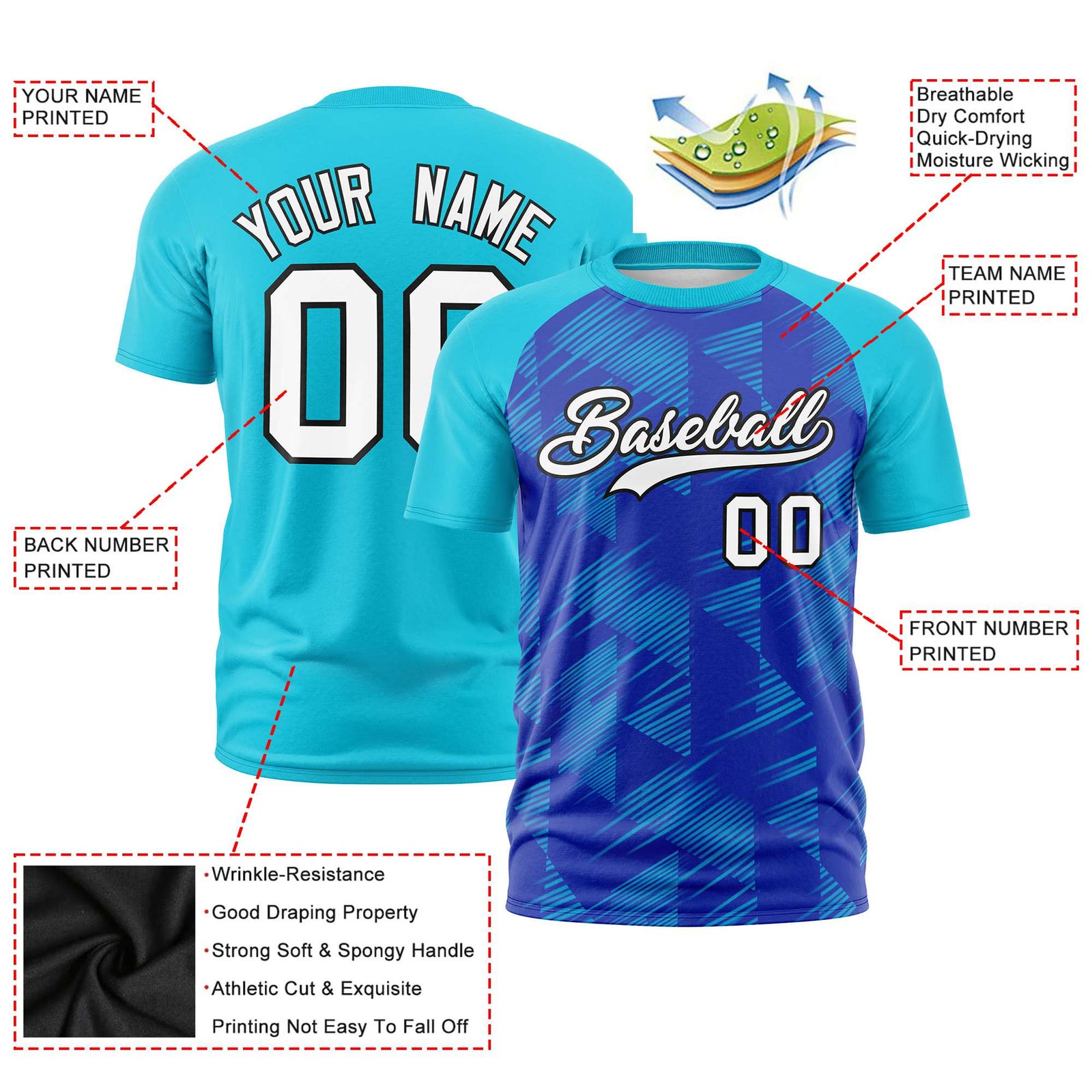 Custom Royal Blue Sky Blue Crew neck Triangular Shapes Design Performance T-Shirt