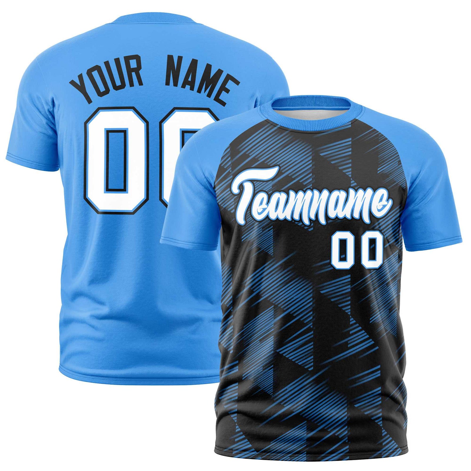 Custom Black Powder Blue Crew neck Triangular Shapes Design Performance T-Shirt