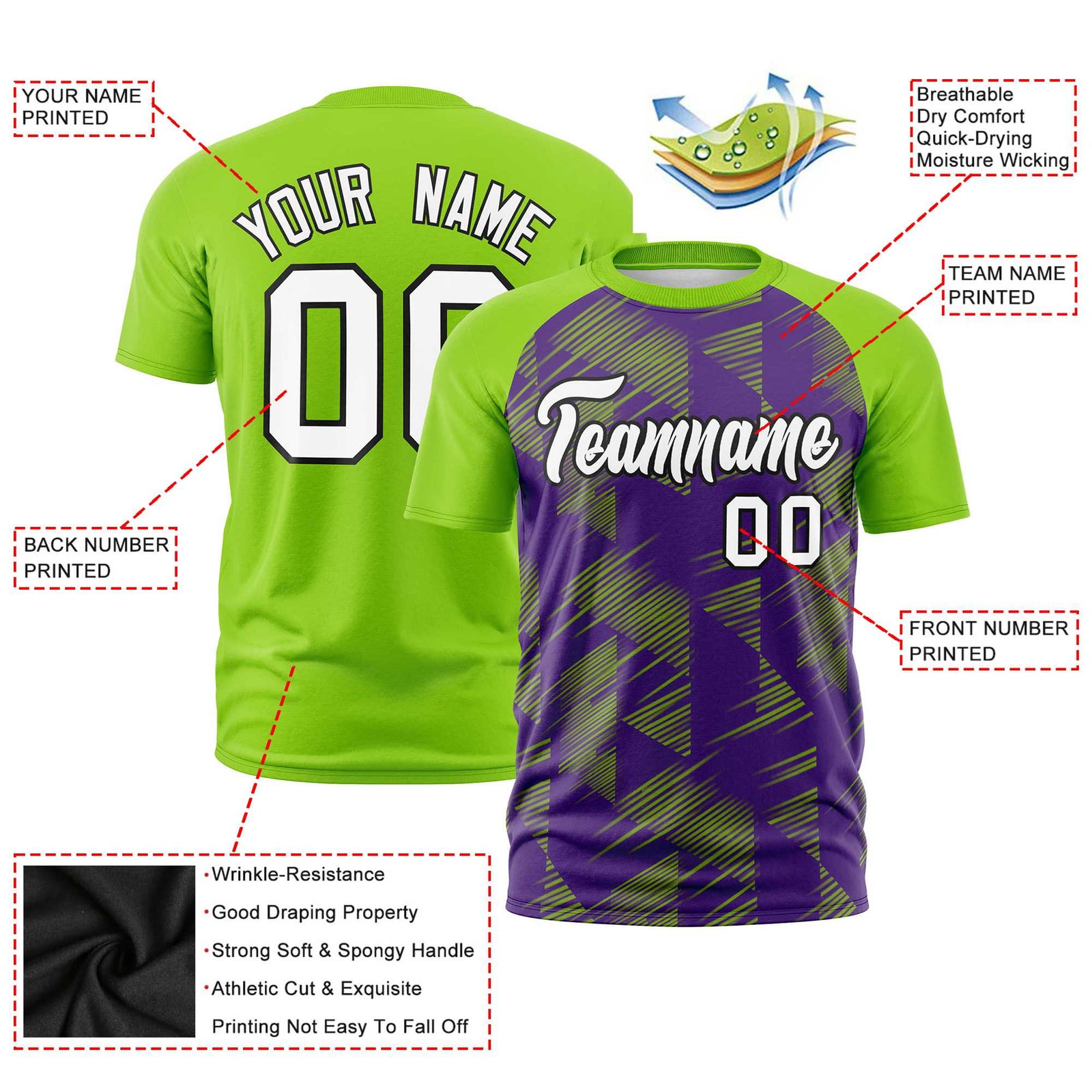 Custom Purple Neon Green Crew neck Triangular Shapes Design Performance T-Shirt