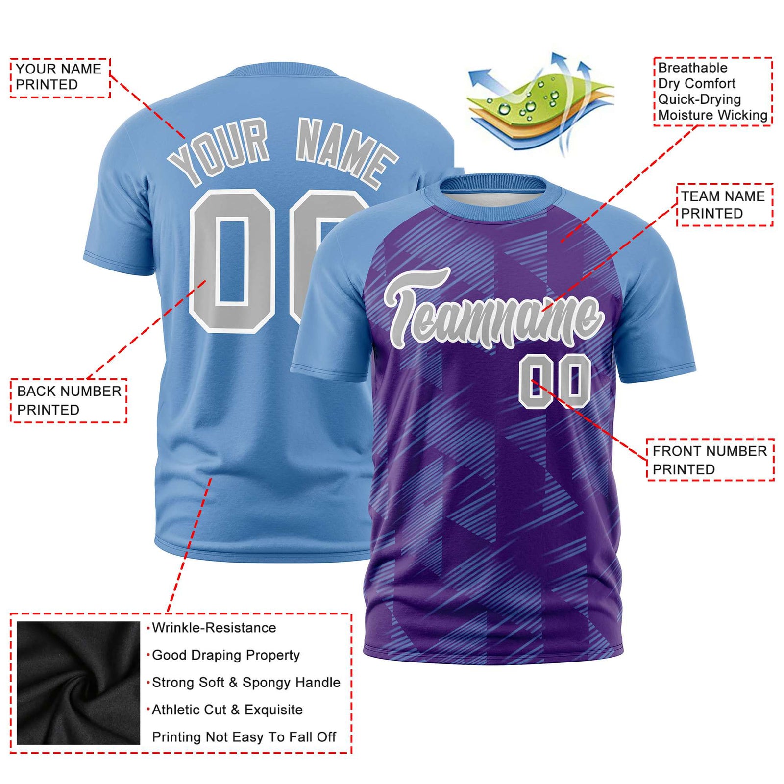 Custom Purple Light Blue Crew neck Triangular Shapes Design Performance T-Shirt