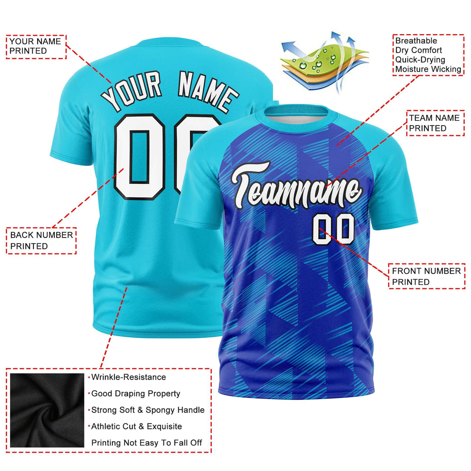 Custom Royal Blue Sky Blue Crew neck Triangular Shapes Design Performance T-Shirt