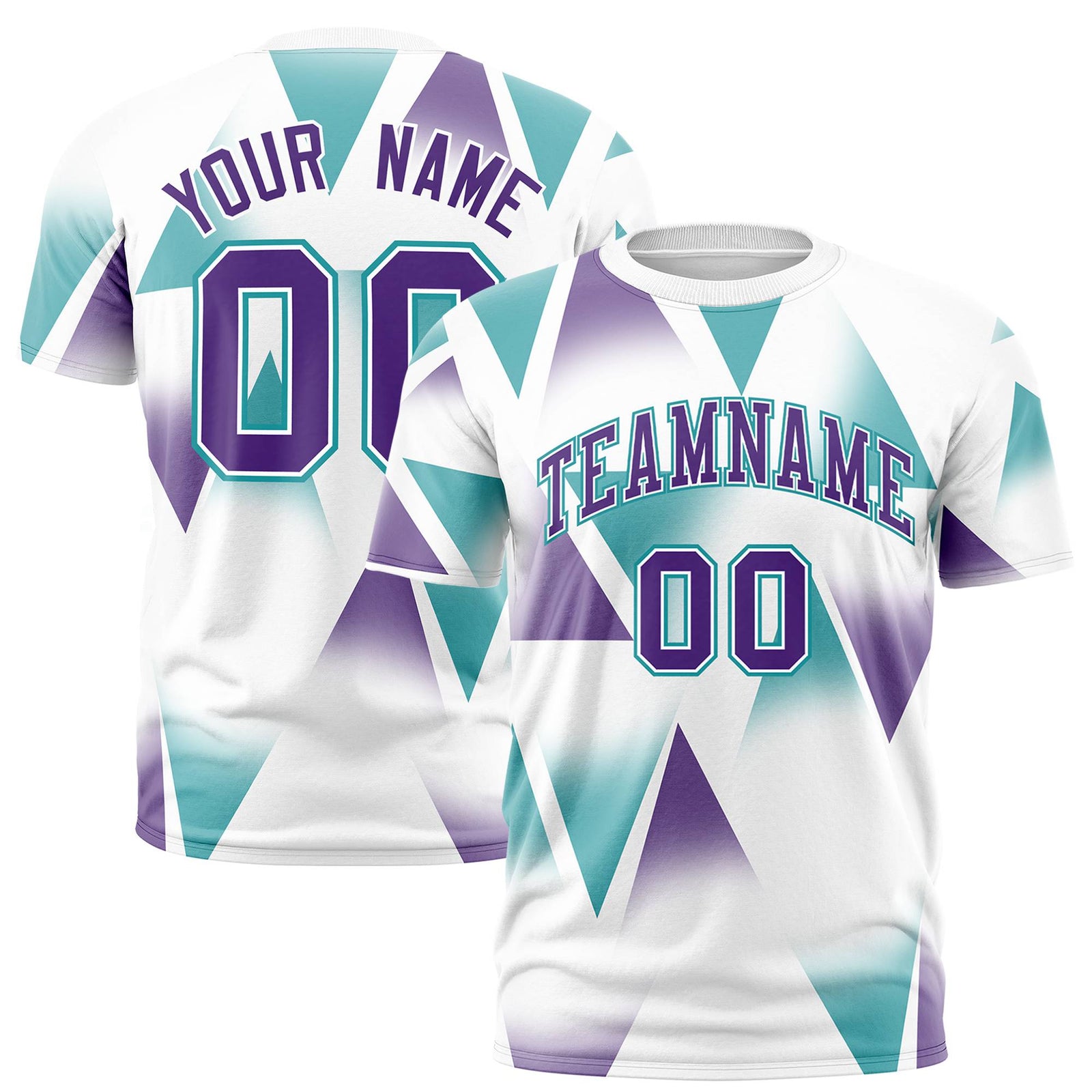 Custom White Aqua-Purple Personalized Triangular Pattern Performance T-Shirt