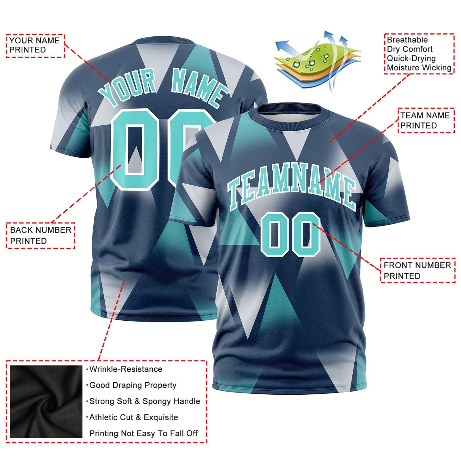 Custom Navy White-Aqua Personalized Triangular Pattern Performance T-Shirt