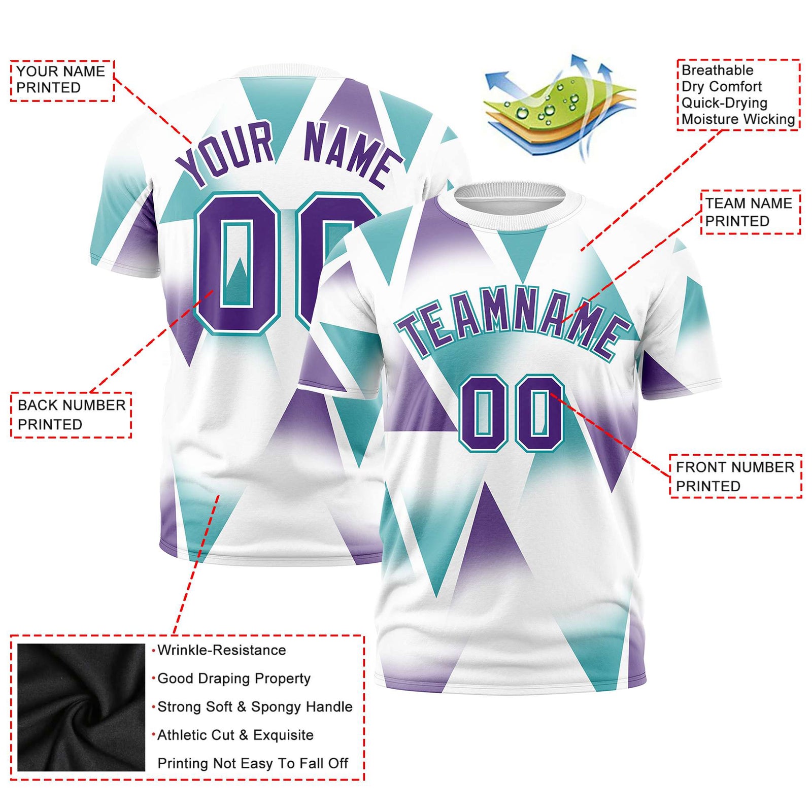 Custom White Aqua-Purple Personalized Triangular Pattern Performance T-Shirt
