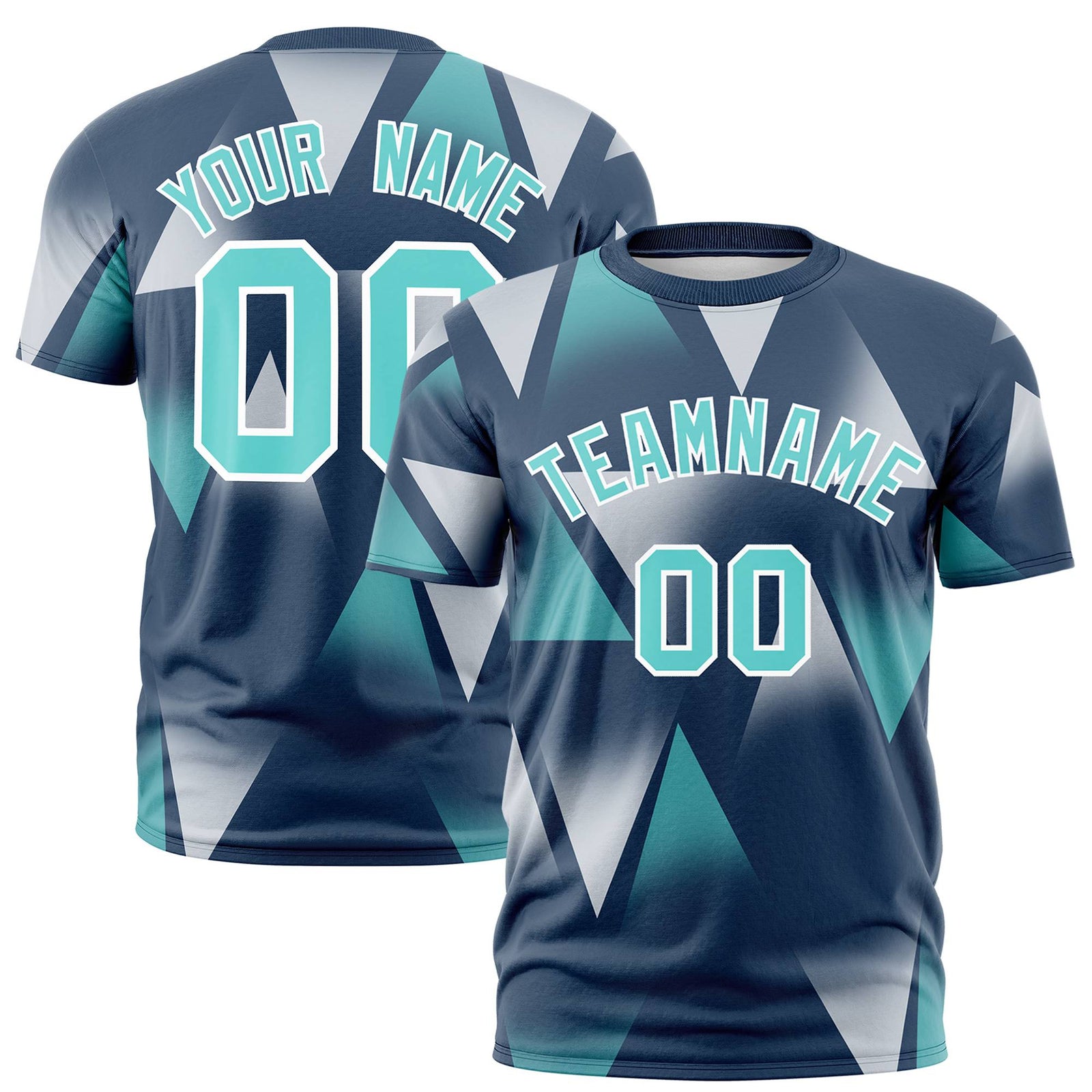 Custom Navy White-Aqua Personalized Triangular Pattern Performance T-Shirt