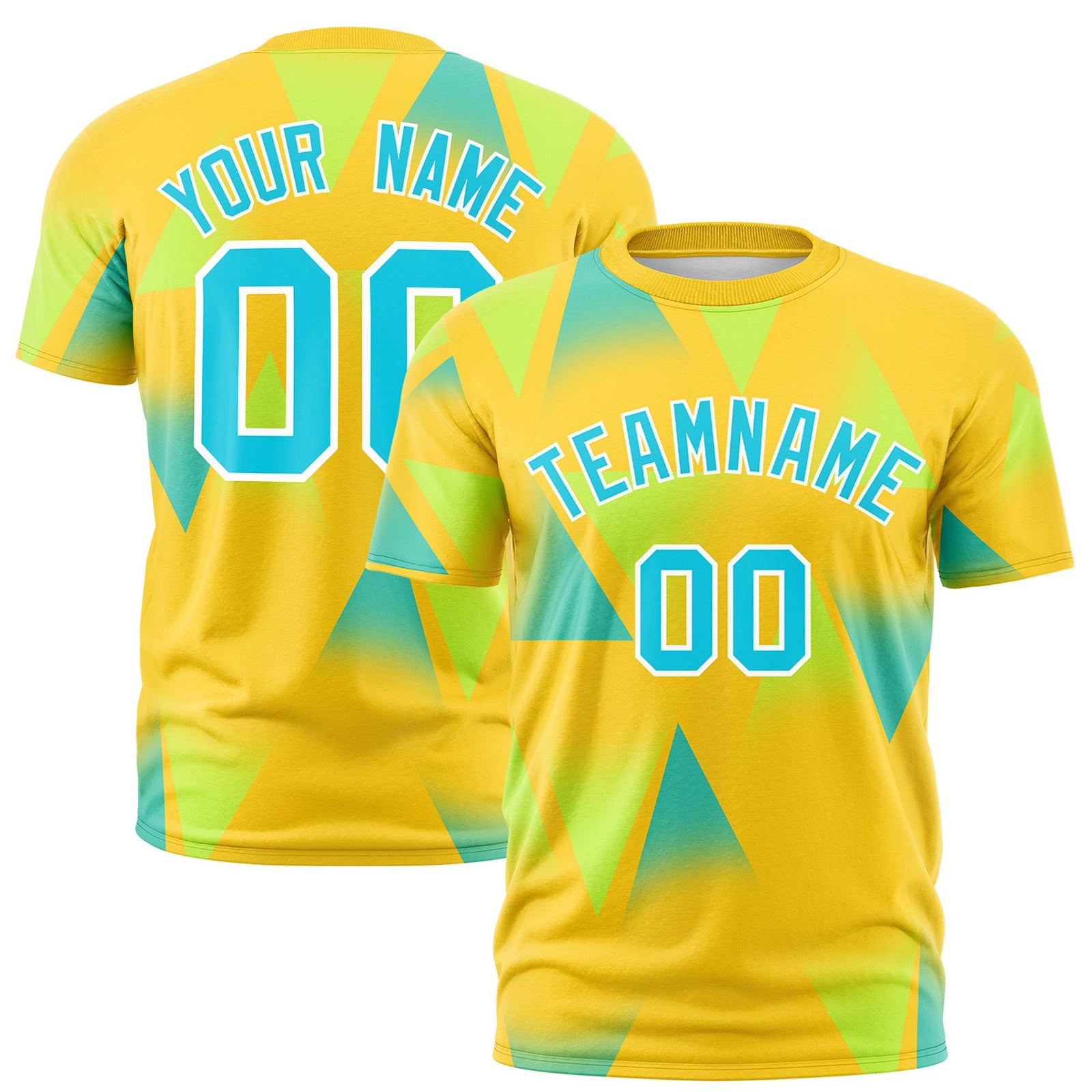 Custom Yellow Fluorescent Green-Aqua Personalized Triangular Pattern Performance T-Shirt