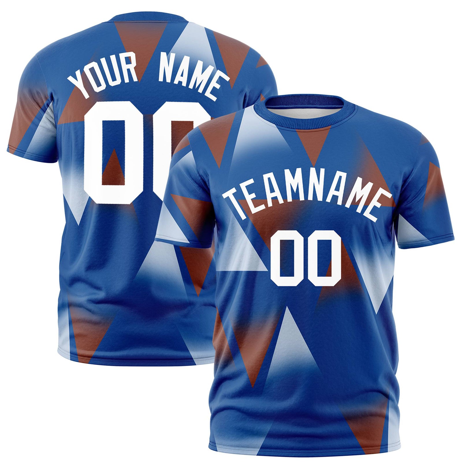 Custom Royal Blue Brown-White Personalized Triangular Pattern Performance T-Shirt