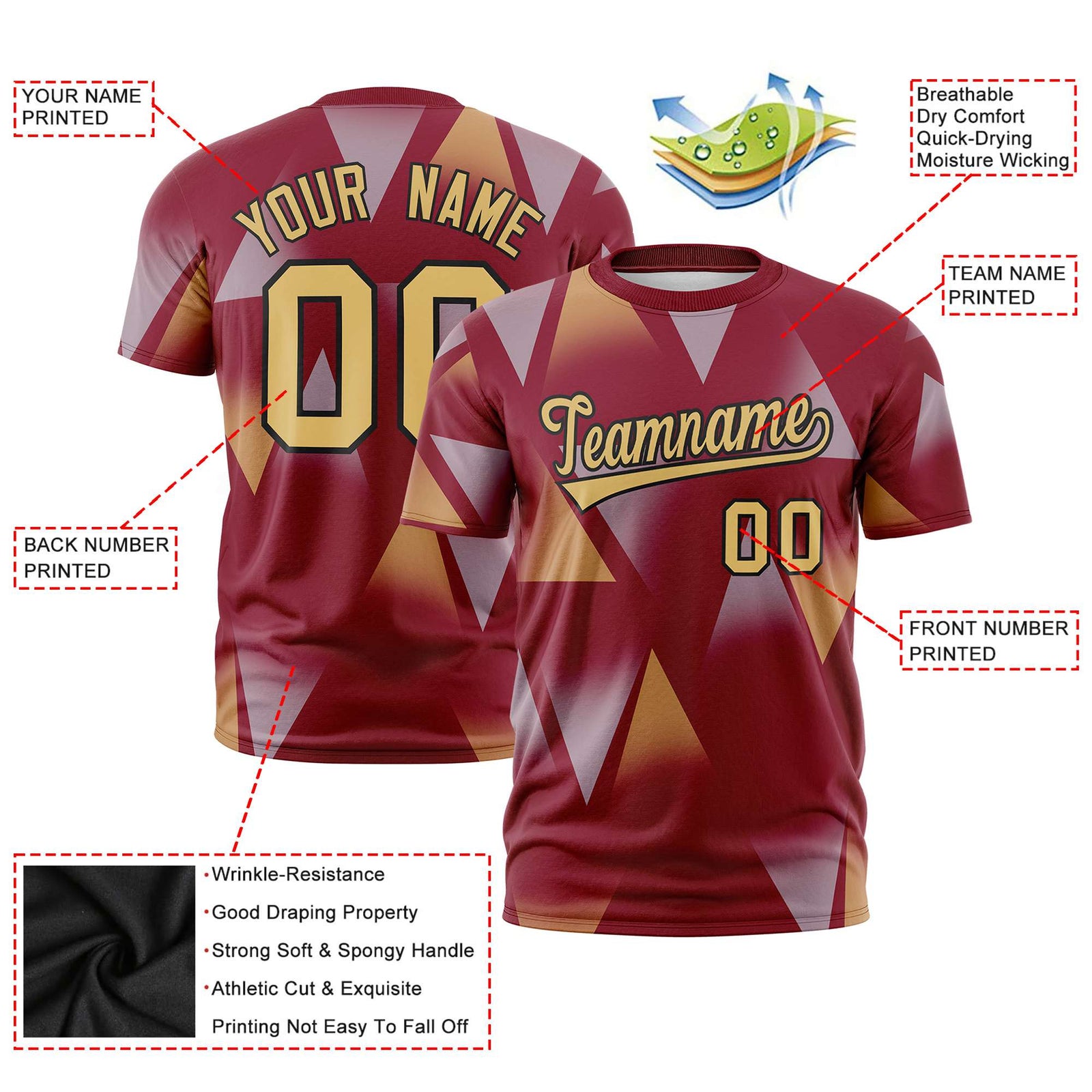 Custom Crimson White-Old Gold Personalized Triangular Pattern Performance T-Shirt